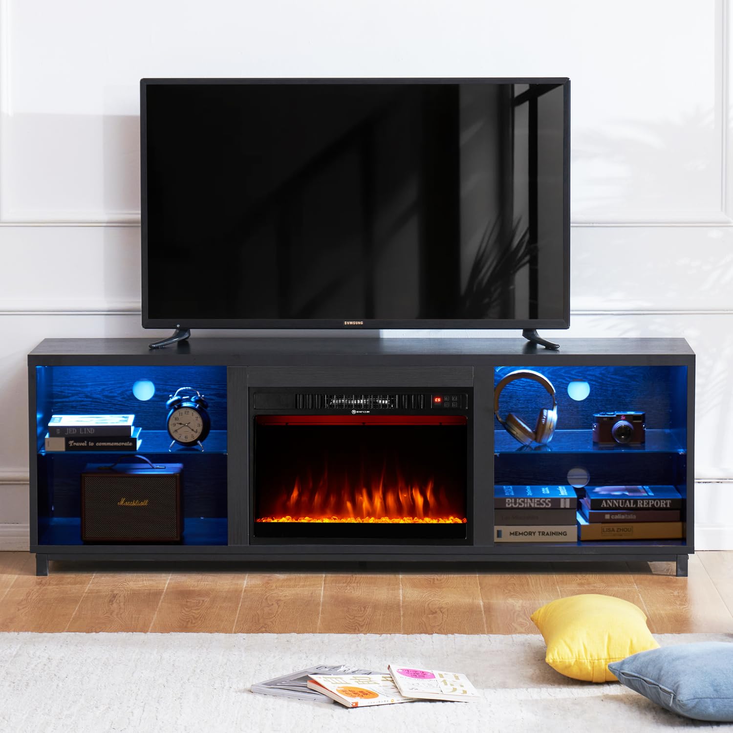 68 Inch Modern Fireplace TV Stand for 78 Inch TVs - 3D Electric Fireplace Entertainment Center with Wood Storage & Cable Management - Black TV Cabinet for Living Room (Perfect for Home Theater & Cozy Winter Nights)