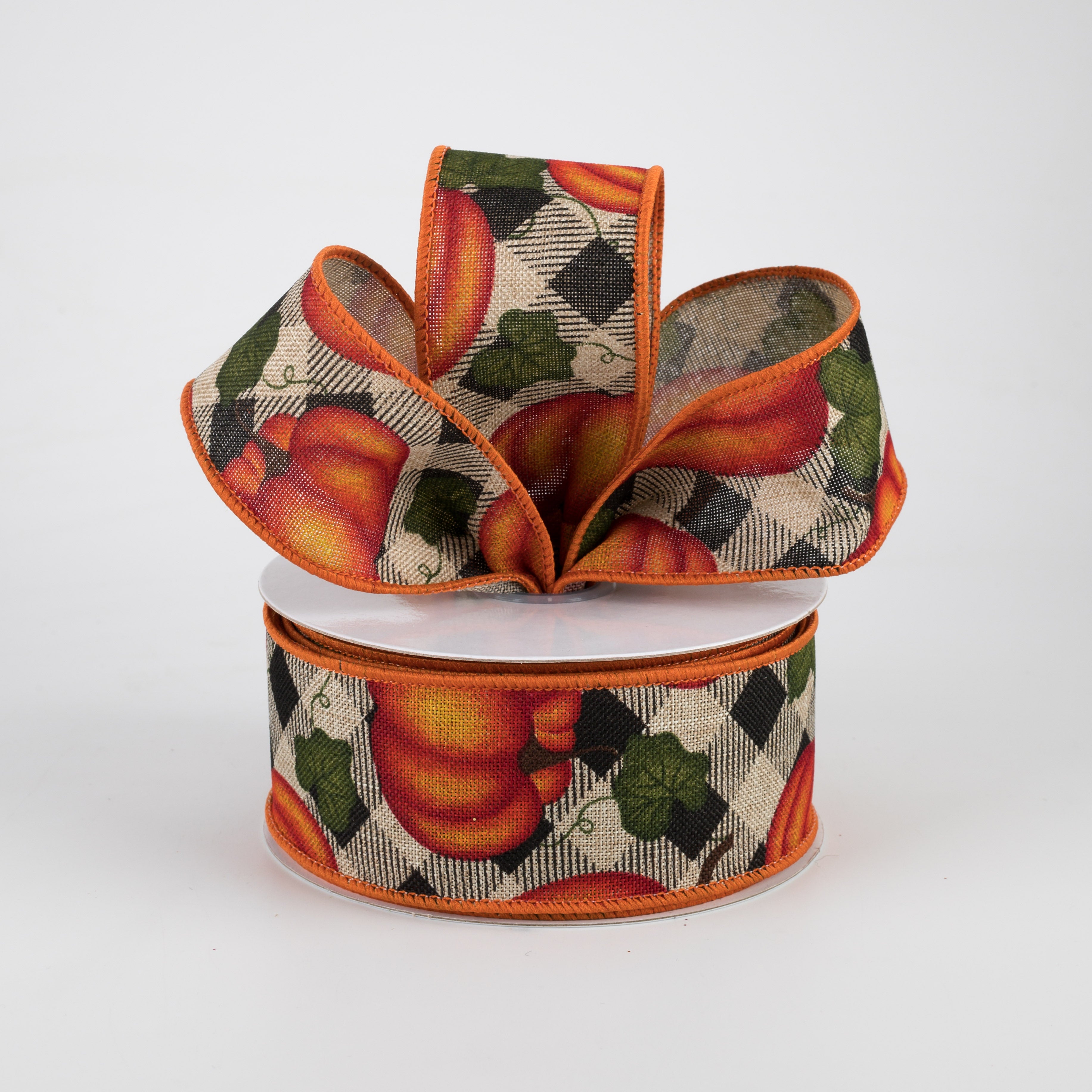 1.5 Inch Pumpkin with Leaves Check Ribbon - Natural Fall Decor Ribbon (10 Yards) for Gift Wrapping, DIY Crafts, Autumn Home Decor, and Seasonal Party Decorations