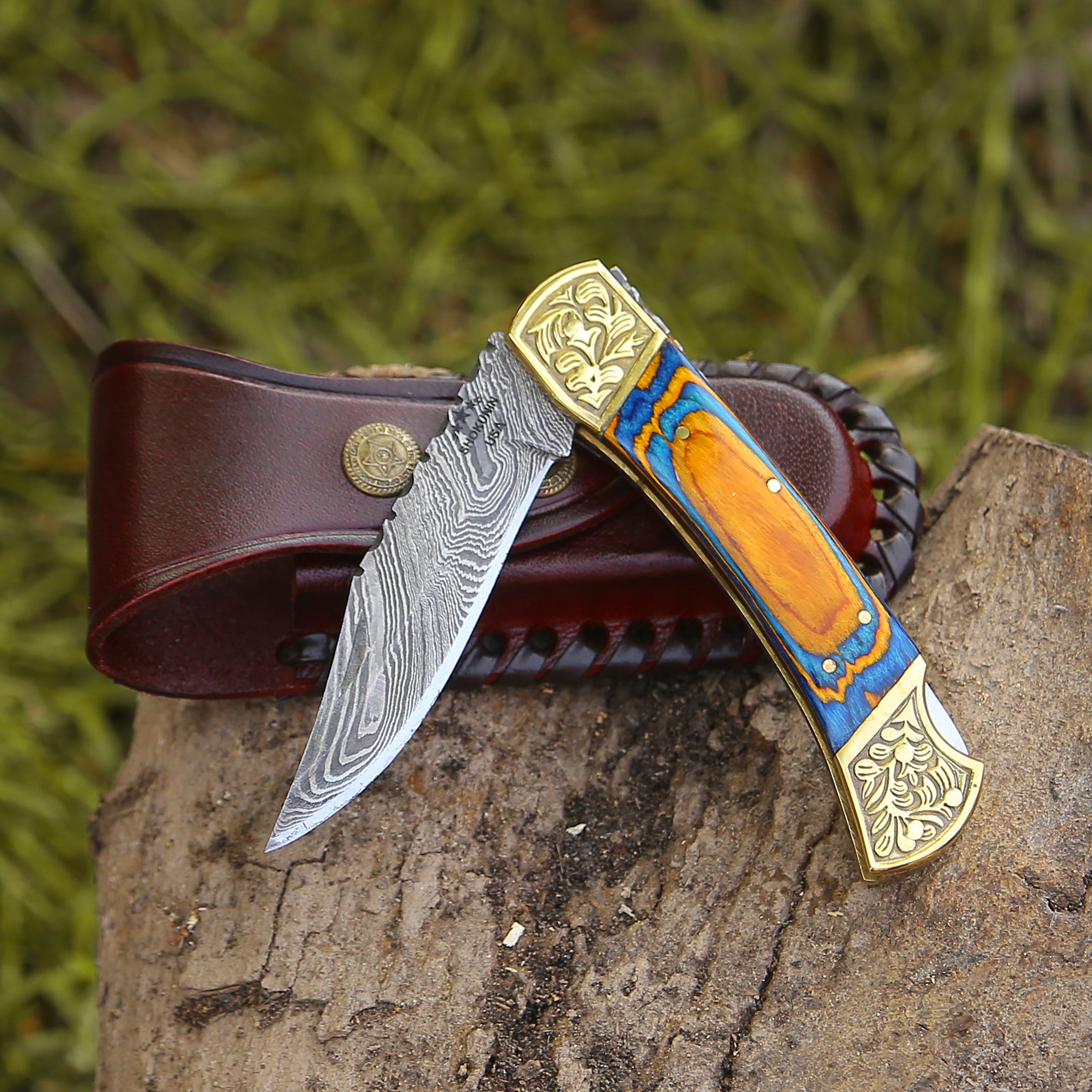 Premium Handmade Damascus Steel EDC Folding Pocket Knife with Genuine Leather Sheath & Pakkawood Handle - Perfect for Camping, Hiking, Survival, and Everyday Carry
