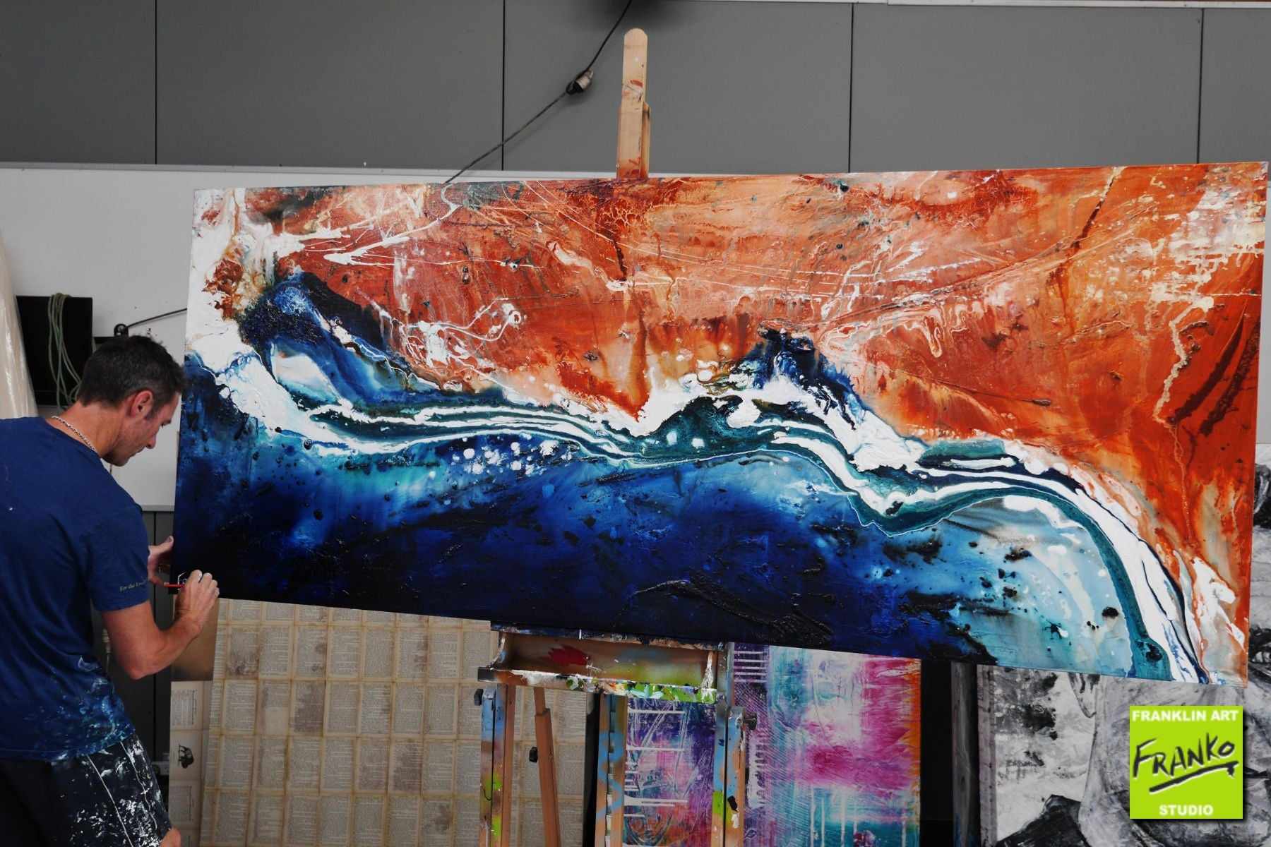 Serpentine 240cm x 100cm Red Oxide White Blue Textured Abstract Canvas Art - Modern Large Wall Painting for Living Room, Bedroom & Office Decor