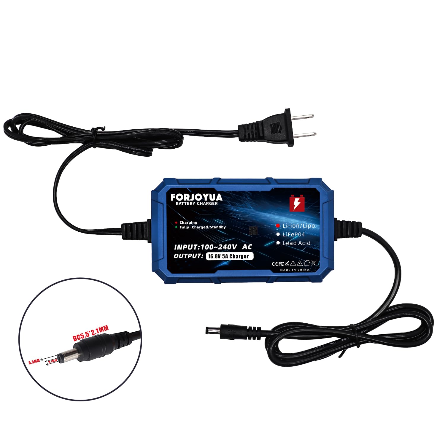 FORJOYUA 16.8V 5A Fast Charger with DC5.5x2.1mm Connector - Compatible with 14.8V 4S Li-ion Battery Packs | Perfect for RC Drones, Power Tools & Electric Scooters