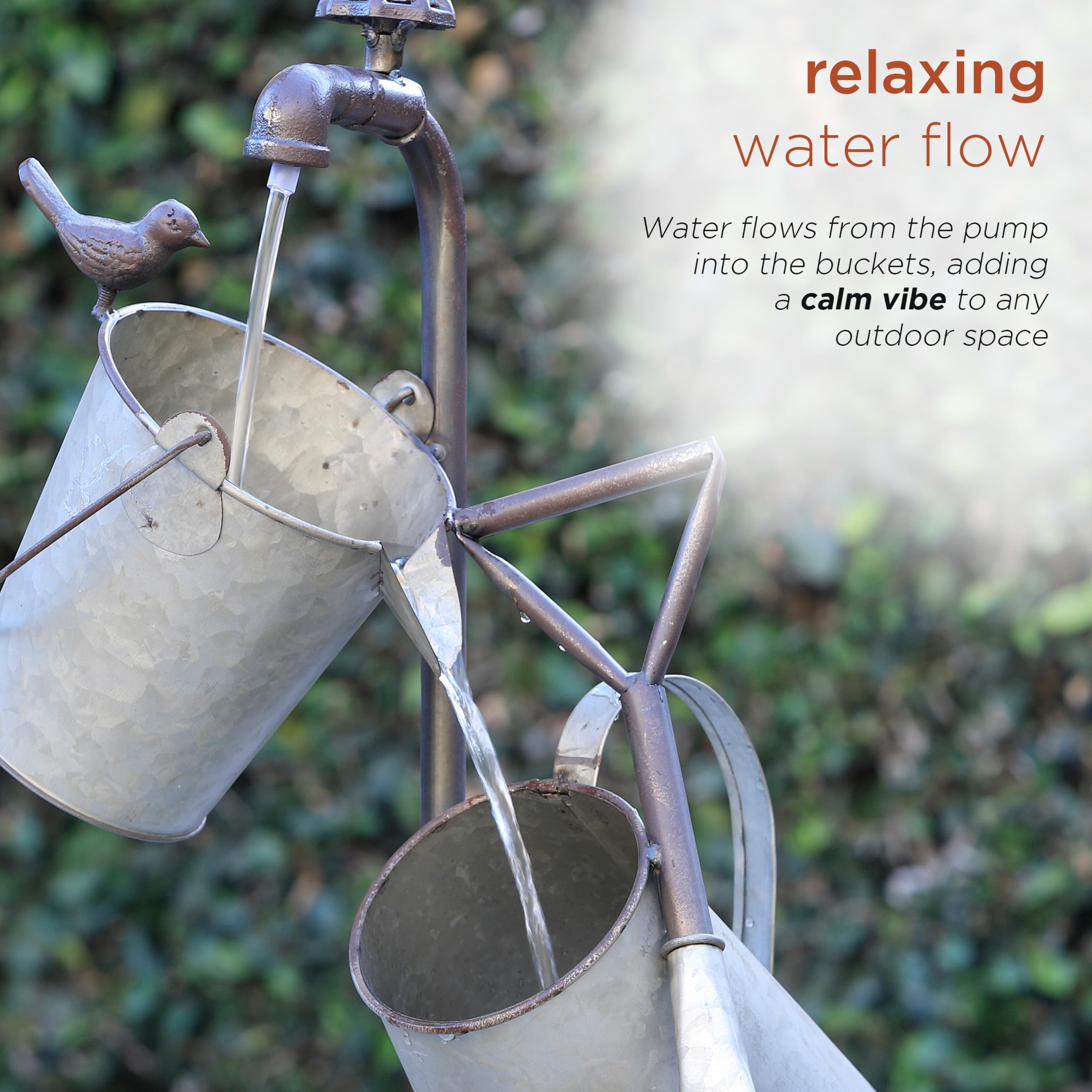 Alpine Corporation YHL106 3-Tiered Metal Outdoor Water Fountain with Garden Tools & Faucet Waterfall - 28 Inch Gray Patio Decor for Garden, Yard, and Backyard Relaxation