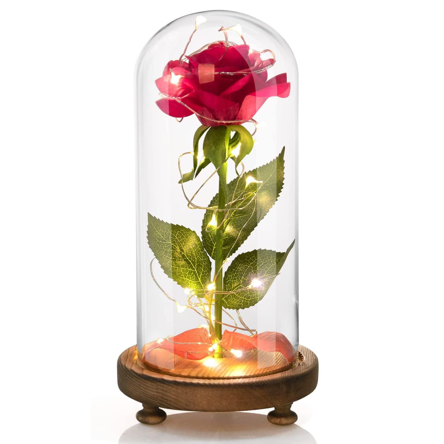 Romantic LED Light-Up Silk Rose in Glass Dome - Handmade Red Rose Gift for Anniversary, Valentine's Day | Perfect for Wedding Decor, Proposal, Bedroom Night Light
