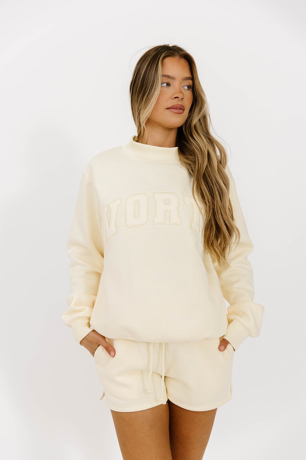 WORTH Tone On Tone Embroidered Mockneck Sweatshirt in Toasted Cream | Women's Casual Pullover | Perfect for Fall Layering & Coffee Dates