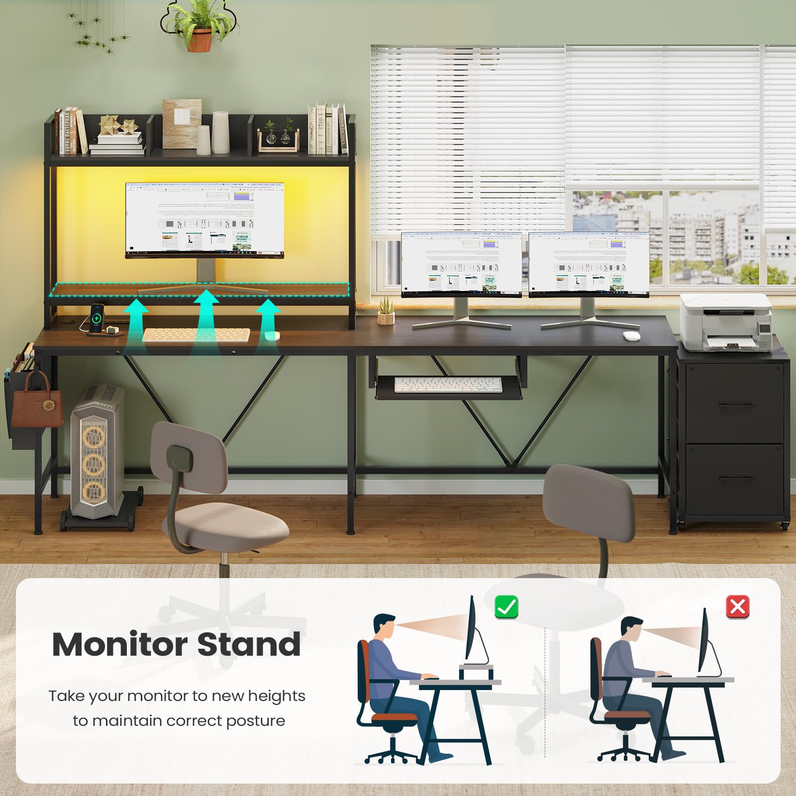 Ergonomic L-Shaped Gaming Desk with Keyboard Tray & Power Outlet - Reversible Corner Computer Desk for Home Office - Includes Mobile File Cabinet, Storage Shelves & Monitor Stand (Black, 67 Inch) - Perfect for Gaming Setups, Workstations & Small Office Spaces