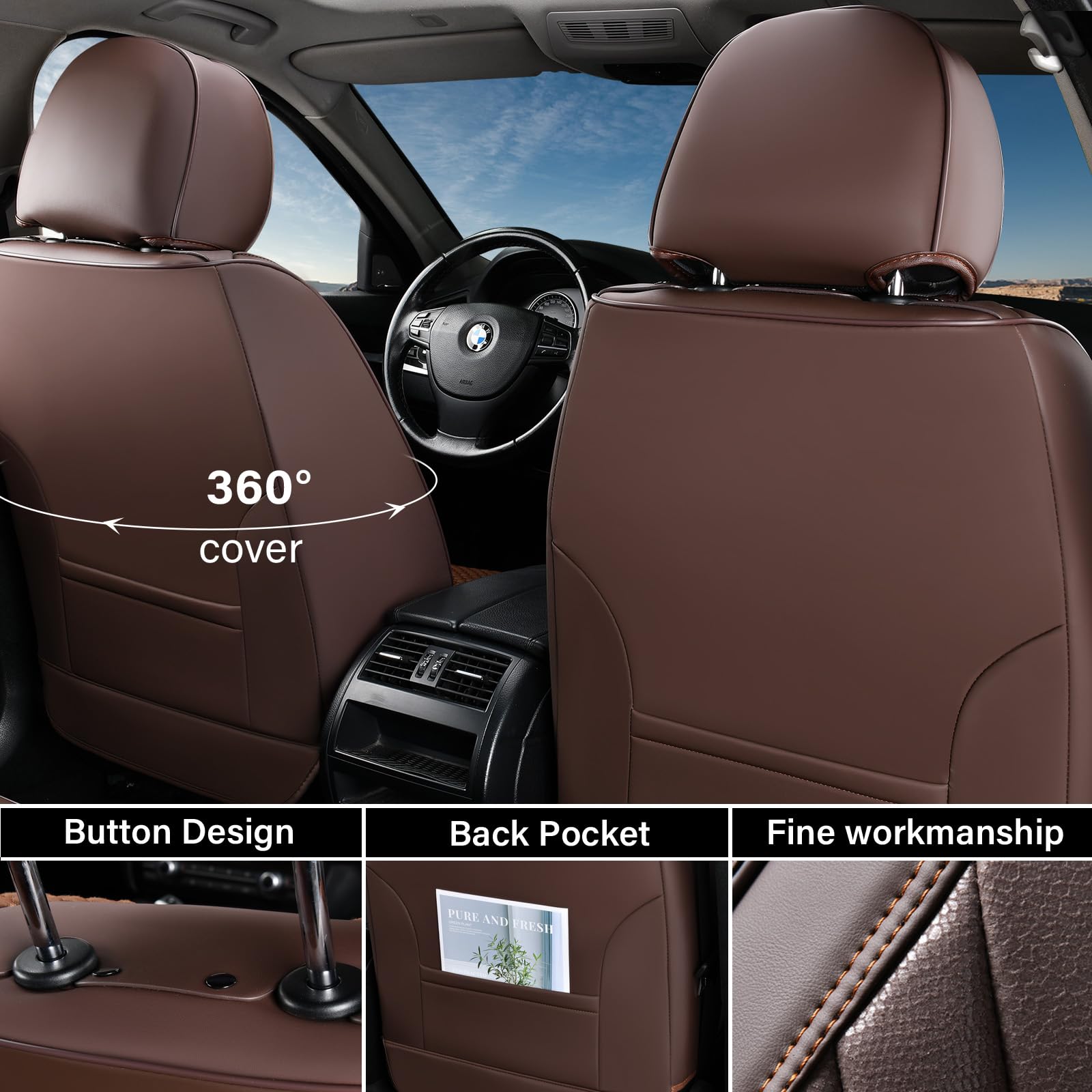 Premium Car Seat Covers for Front Seats - 2-Pack Luxury Leathaire Waterproof Seat Protectors with Anti-Slip Design | Universal Fit for Most Vehicles | Perfect for Daily Commute, Road Trips & Protecting Car Interior (Brown)