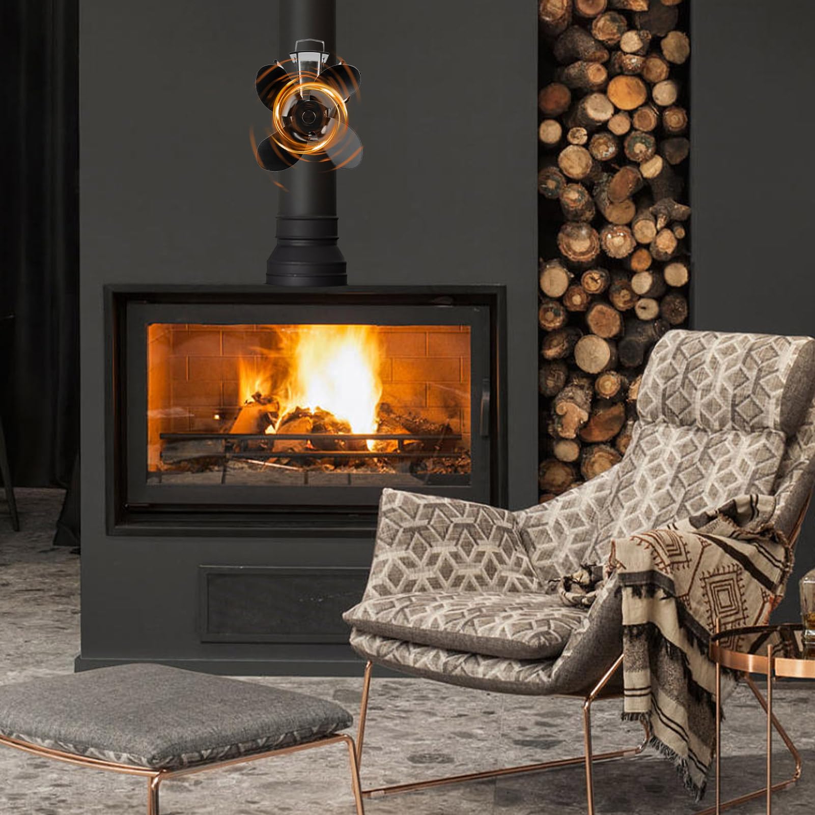 Awakentti Heat Powered Wood Stove Fan - 4-Blade Wall Mounted Fireplace Fan for Efficient Heat Distribution & Quiet Operation - Perfect for Wood Stoves, Log Burners & Fireplaces - Ideal for Cozy Home Heating & Energy Savings
