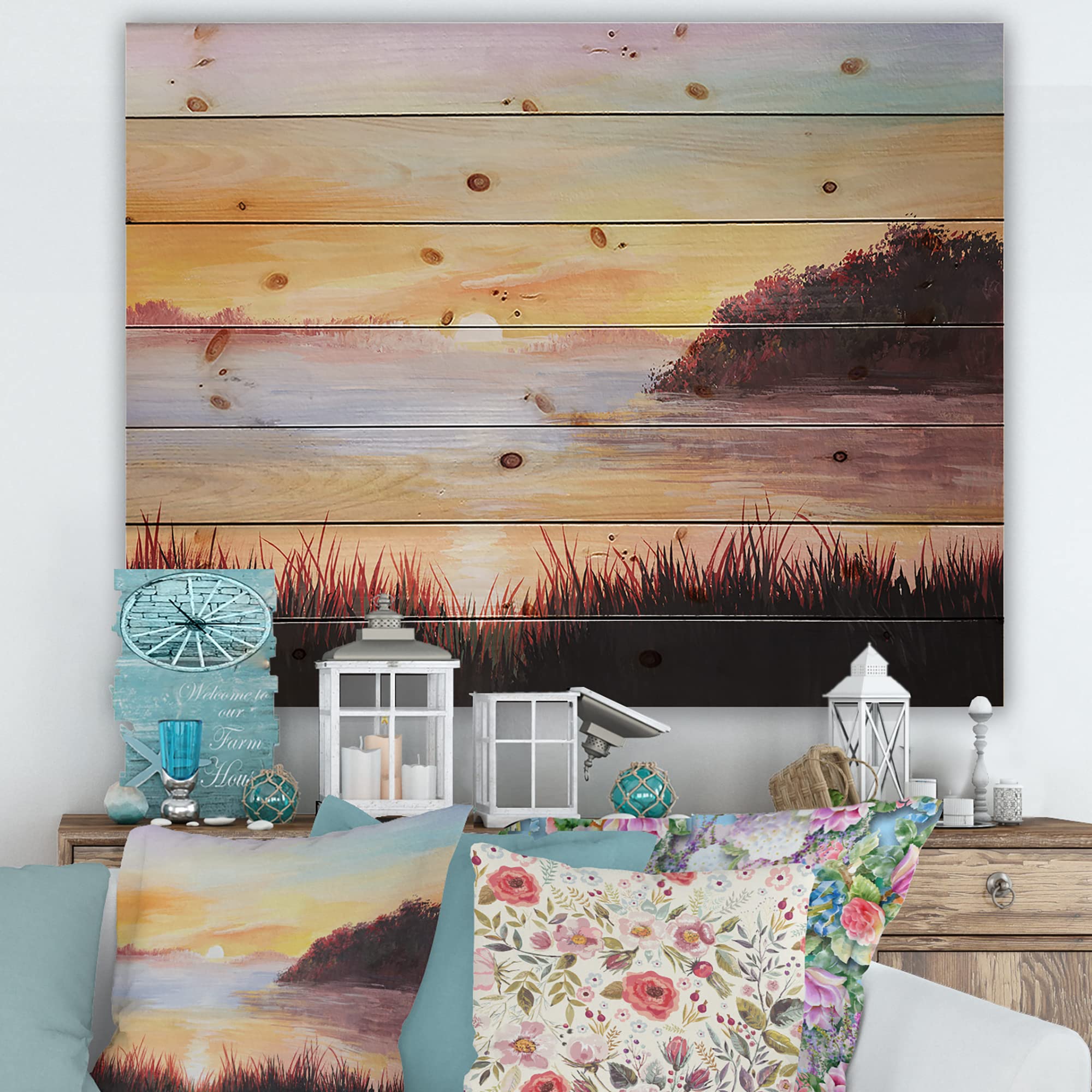 DesignQ Nautical & Coastal Wood Wall Decor - Lake with Reeds Landscape Art on Natural Pine Wood, Large Yellow Wood Wall Panels for Home & Office Decoration | Perfect for Living Room, Bedroom, or Coastal-Themed Spaces