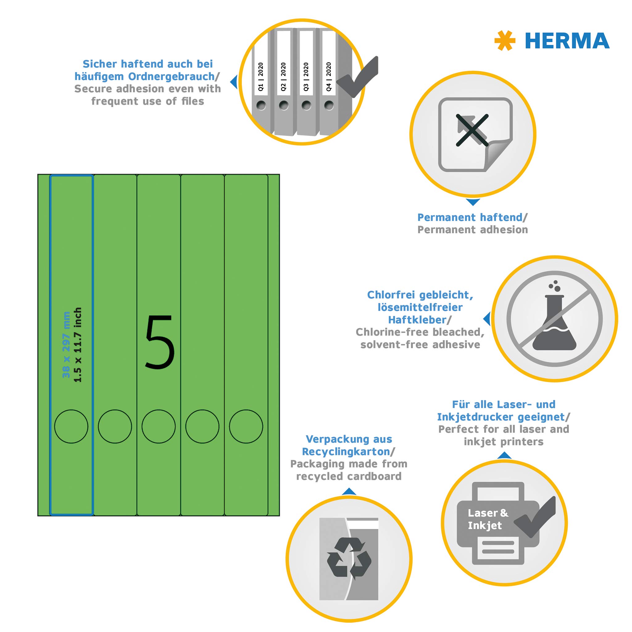 HERMA 5134 Self Adhesive Spine Labels - 5 Labels per A4 Sheet, 20 Sheets (100 Total), 38 x 297 mm, Blank Lever Arch File Folder Stickers - Compatible with Laser & Inkjet Printers - Green - Perfect for Office Organization, File Classification & Document Management