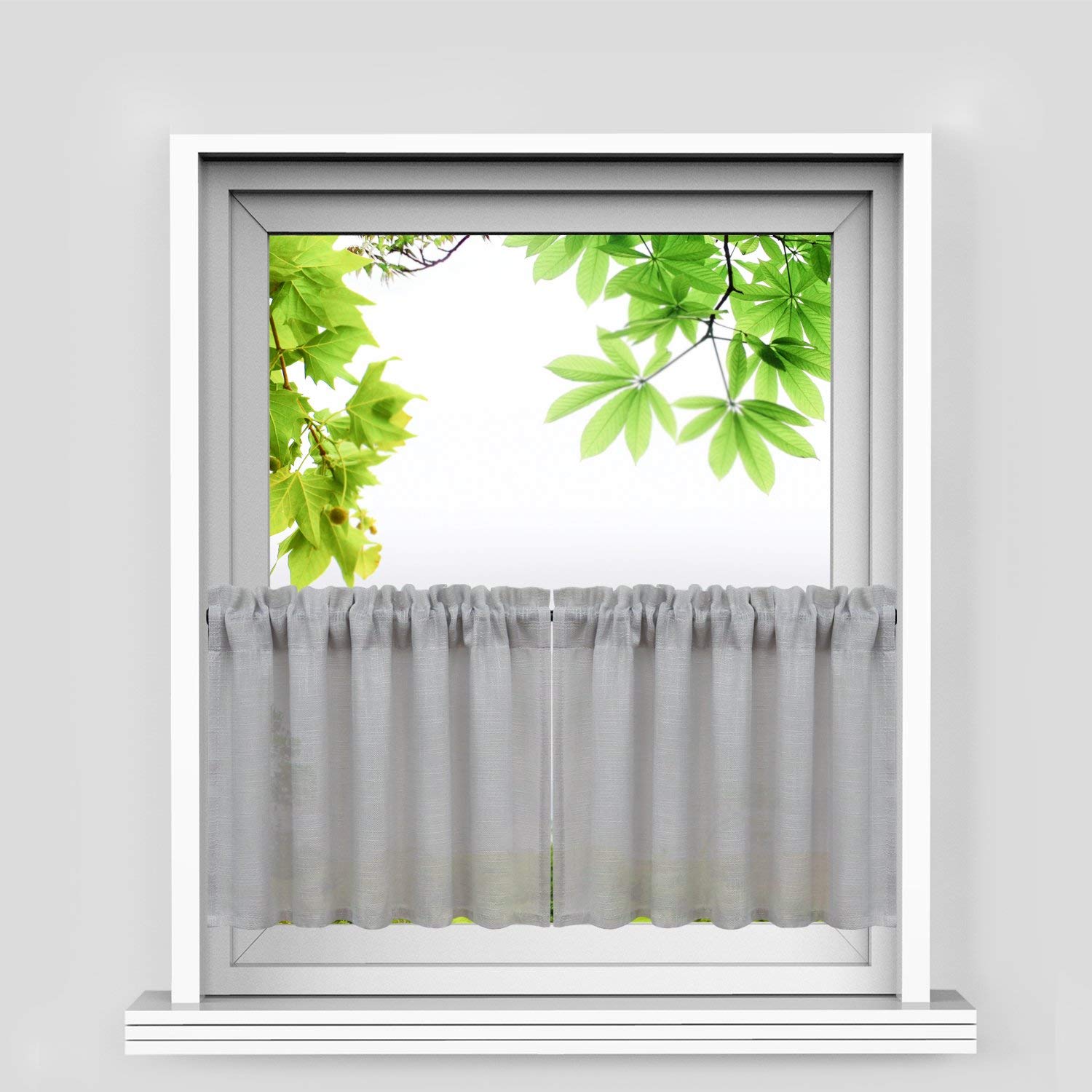 Sheer Half Window Curtains - Linen Texture Light Filtering Tiers for Bedroom, Kitchen, Bathroom - 2 Panels (Grey, 36x36 Inches) - Perfect for Privacy & Natural Light in Living Spaces