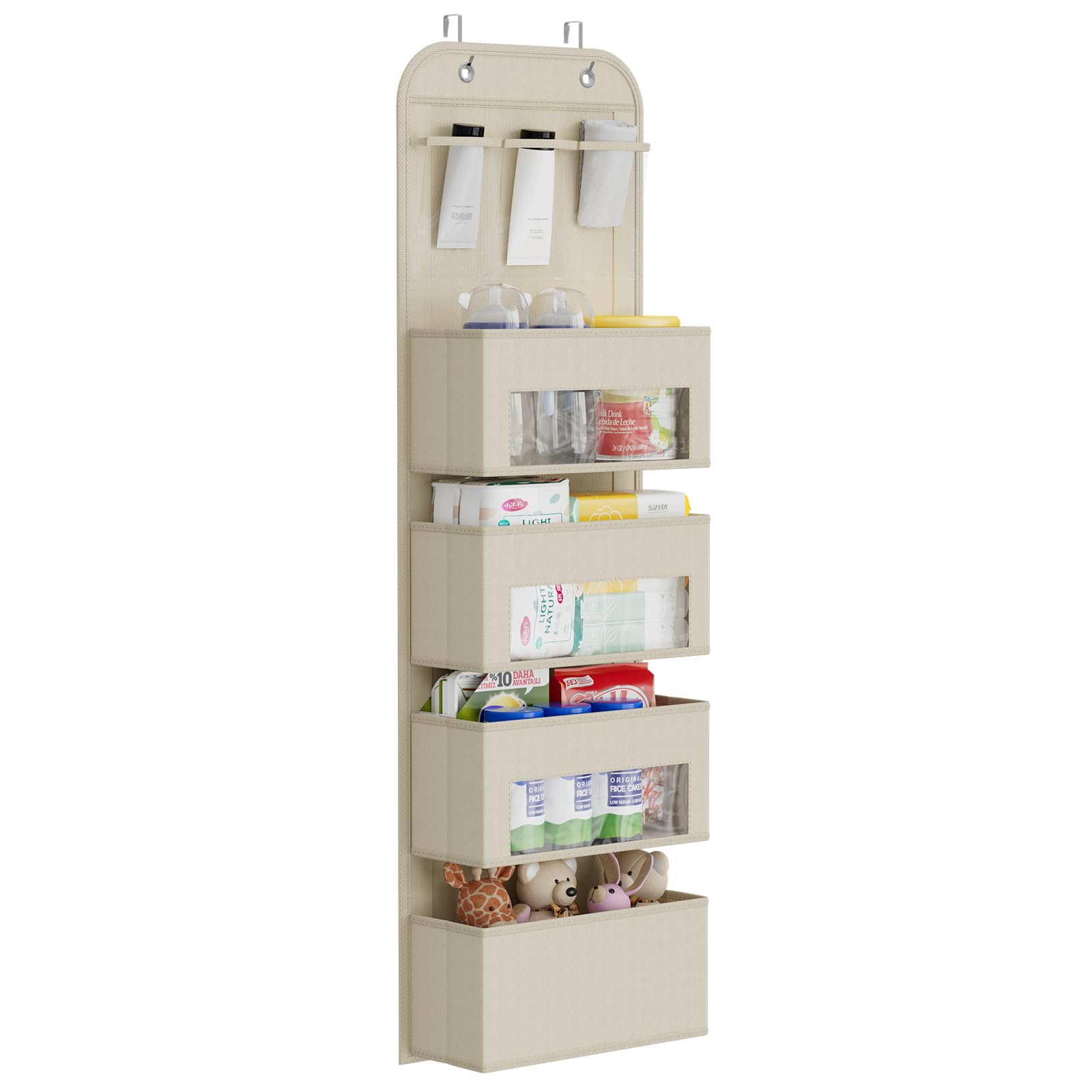 Over The Door Organizer - 4-Tier Hanging Storage Shelf for Nursery, Closet & Bathroom - Space Saving Beige Fabric Door Organizer for Baby Clothes, Toys & Essentials - Perfect for Small Spaces & Home Organization