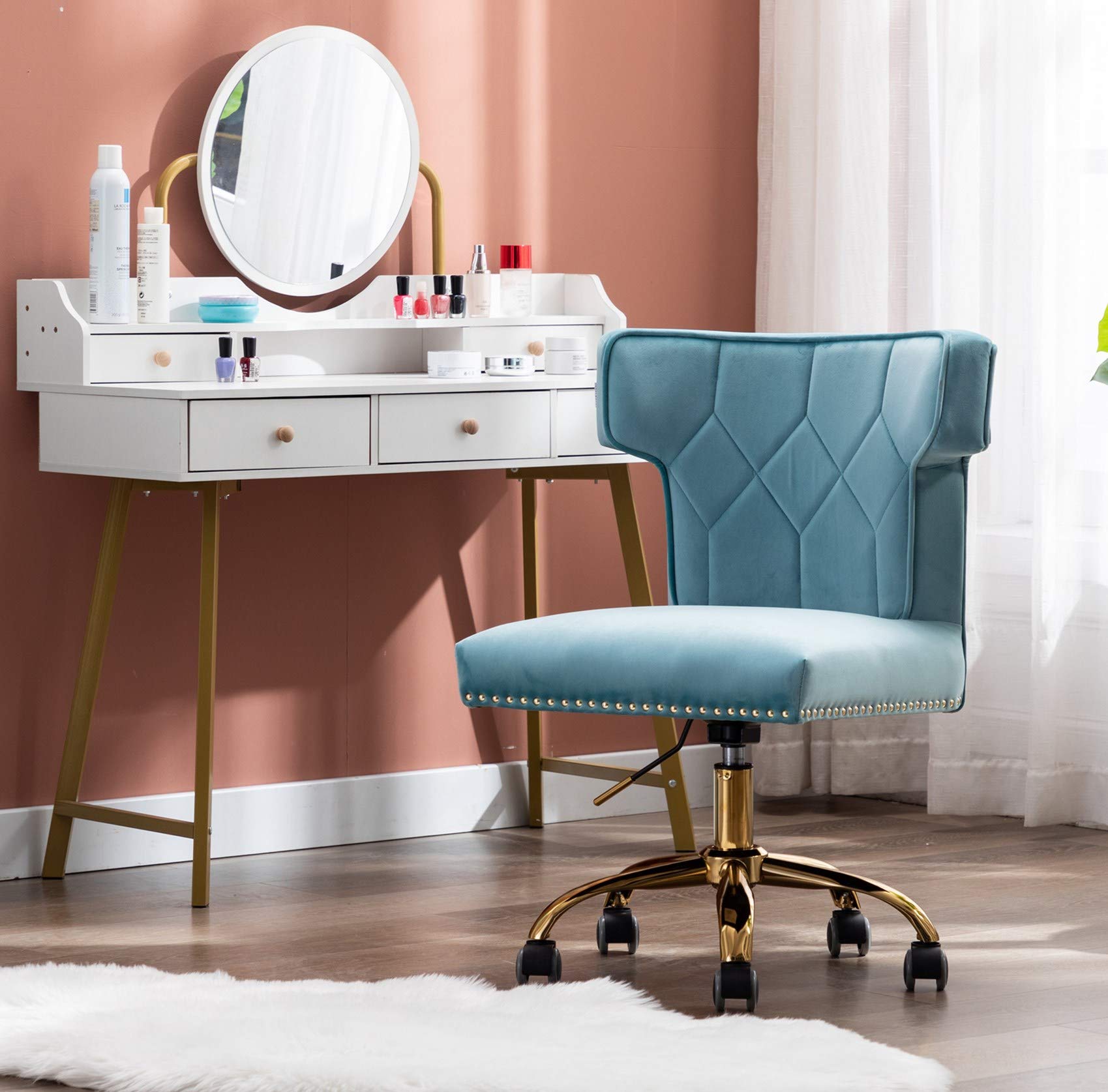 Velvet Home Office Chair - Adjustable Height Ergonomic Task Chair with 360° Swivel for Computer Work, Makeup Vanity & Executive Use - Perfect for Living Room, Bedroom & Study (Blue)