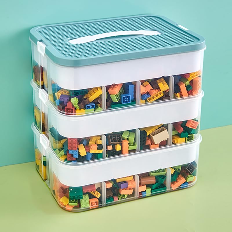 Lego Storage Organizer Case - 3 Layer Olive Green Building Block Toy Box for Kids | Perfect for Playroom, Classroom & Travel Organization