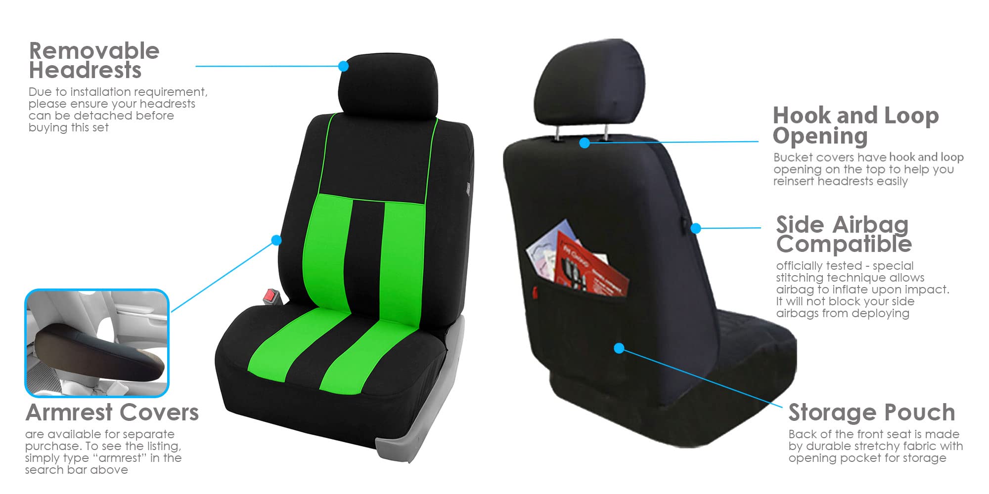 FH Group 3-Row 7-Seater Car Seat Covers - Airbag & Split Bench Compatible, Universal Fit for Cars, Trucks & SUVs (Green/Black Striped) | Durable Protection for Family Road Trips & Daily Commutes