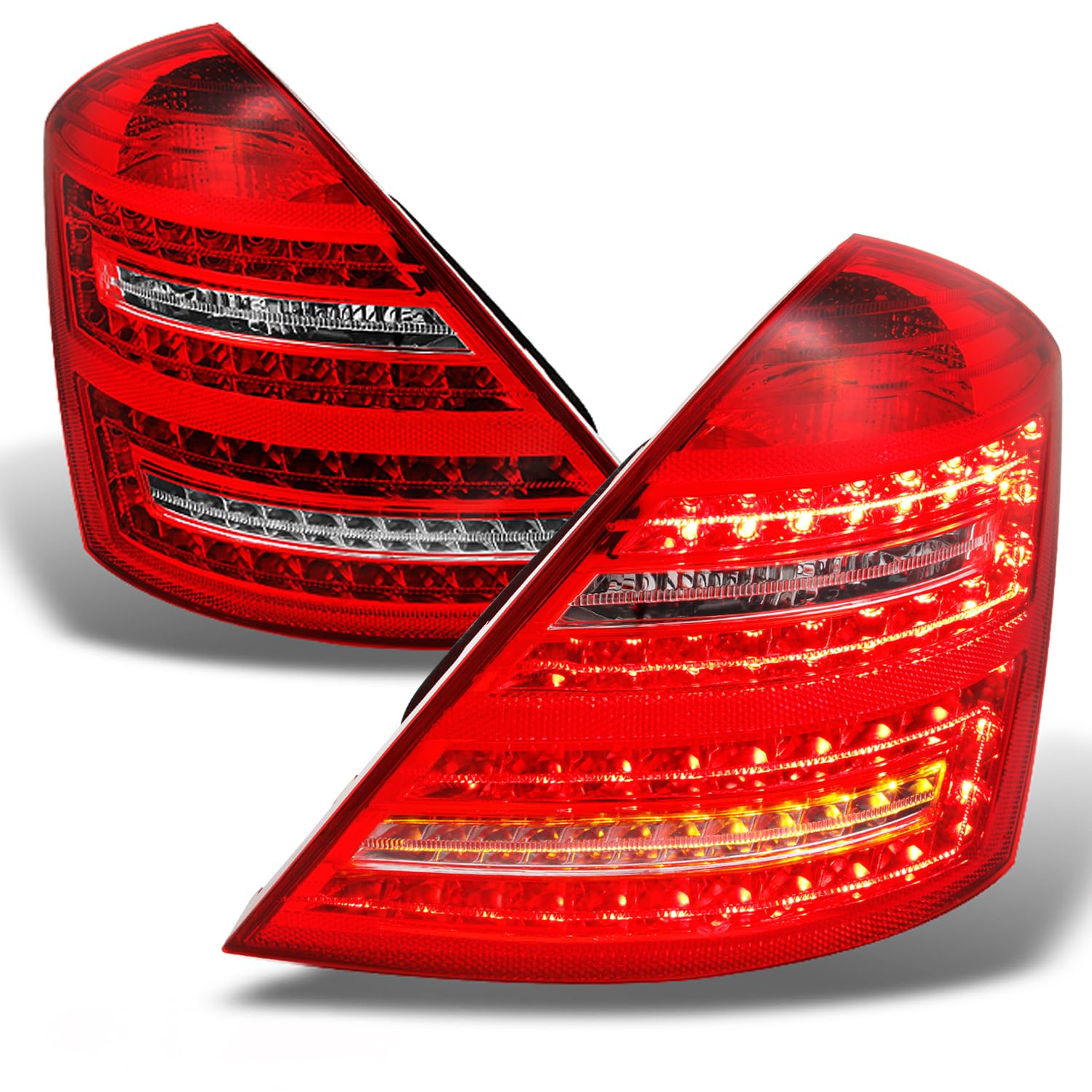 AKKON Full LED Tail Lights for Mercedes Benz W221 S-Class - Red Clear with Amber Turn Signal - Direct Replacement Brake Lamps | Perfect for Night Driving & Car Customization
