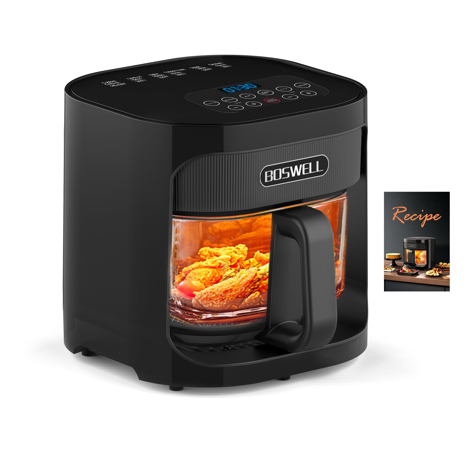 BOSWELL 4.5QT Glass Air Fryer with Transparent Bowl - Non-Toxic, Large Capacity, Circulating Heating & Temperature Control - Dishwasher Safe (Black) - Perfect for Healthy Cooking, Roasting, Baking & Frying at Home