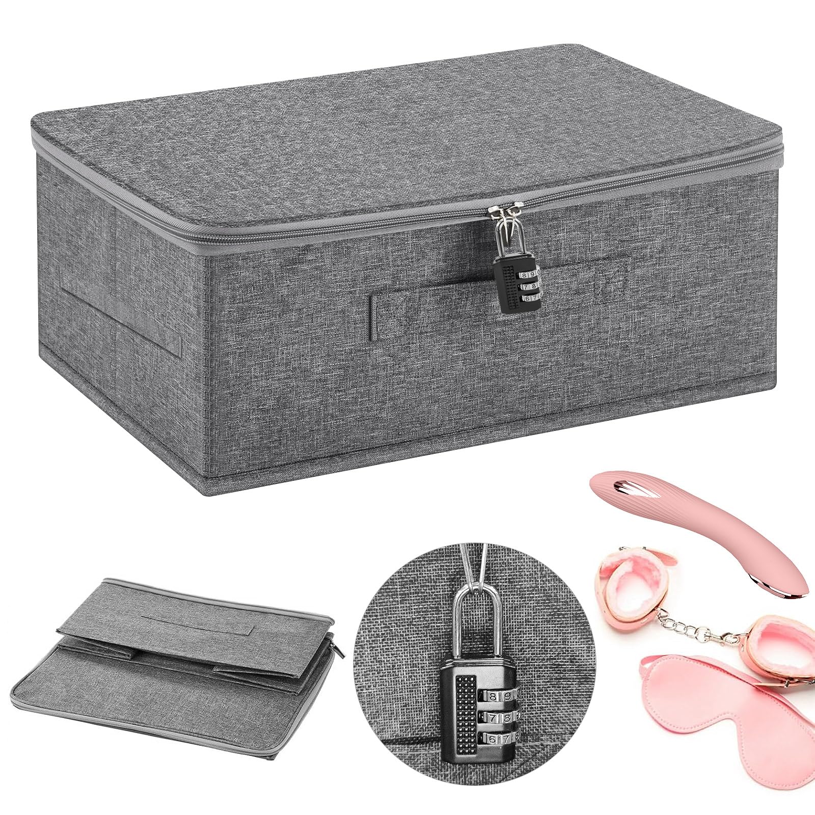 15 x 11 x 7 Inch Locking Storage Box - Foldable Lidded Organizer with PP Plastic Board, Washable Cotton Fabric - Perfect for Home, Closet, Clothes & Toy Organization (Gray)