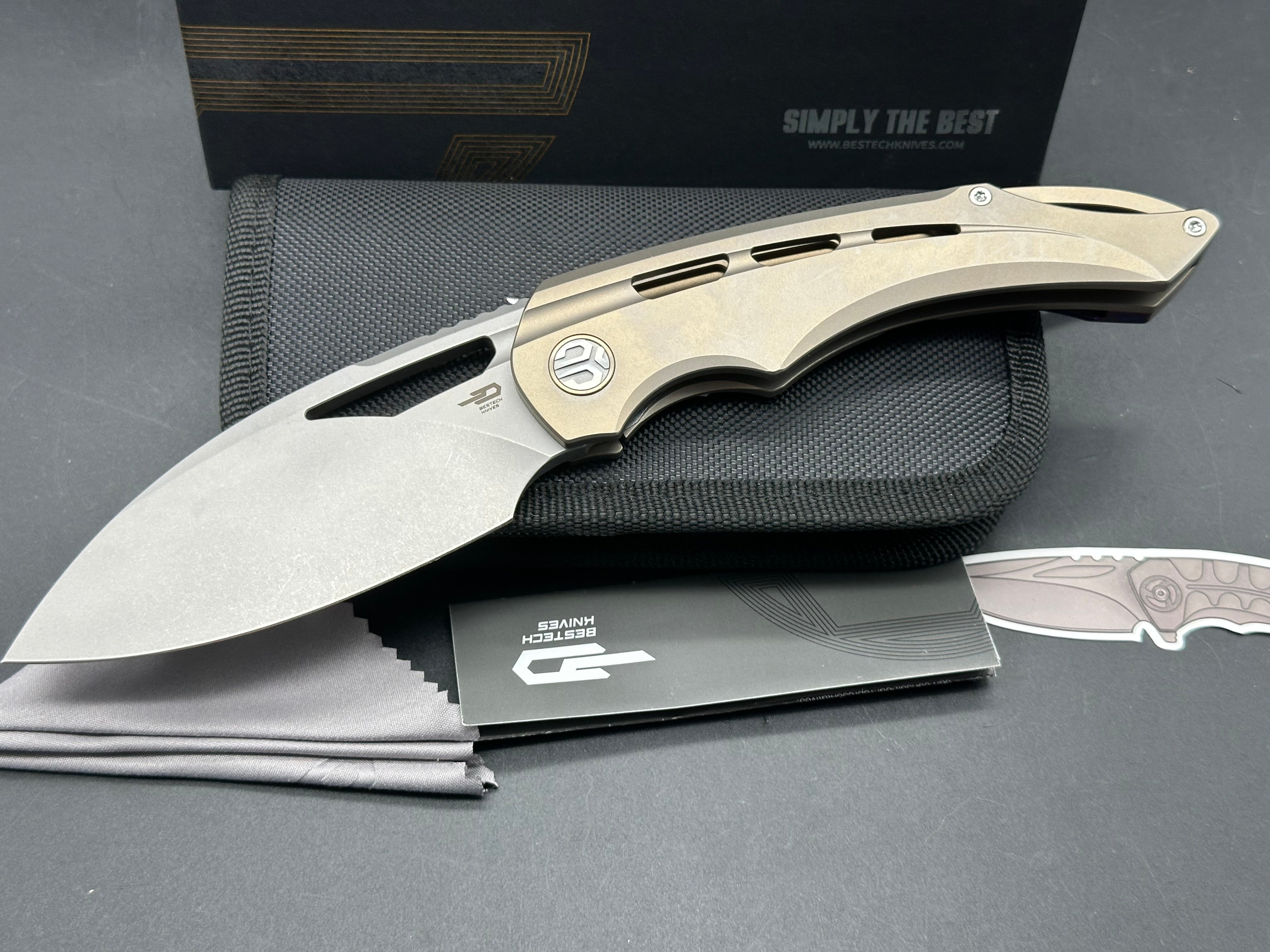 Bestech + Kombou Fairchild Folding Knife - Gold Bronze Milled Titanium Handle, Drop Point Blade, Bead Blast S35VN Steel - EDC, Outdoor, Camping, Survival Gear