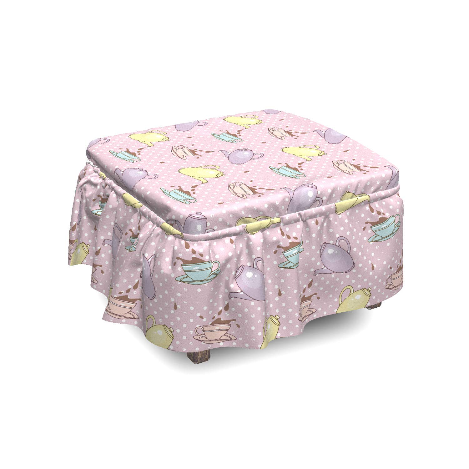Ambesonne Tea Party Ottoman Cover Set - 2 Piece Polka Dot Slipcovers with Ruffle Skirt for Square/Round Footstools | Standard Size in Lilac, Turquoise & Pale Green | Perfect for Living Room Decor, Nursery Accent & Cozy Home Styling