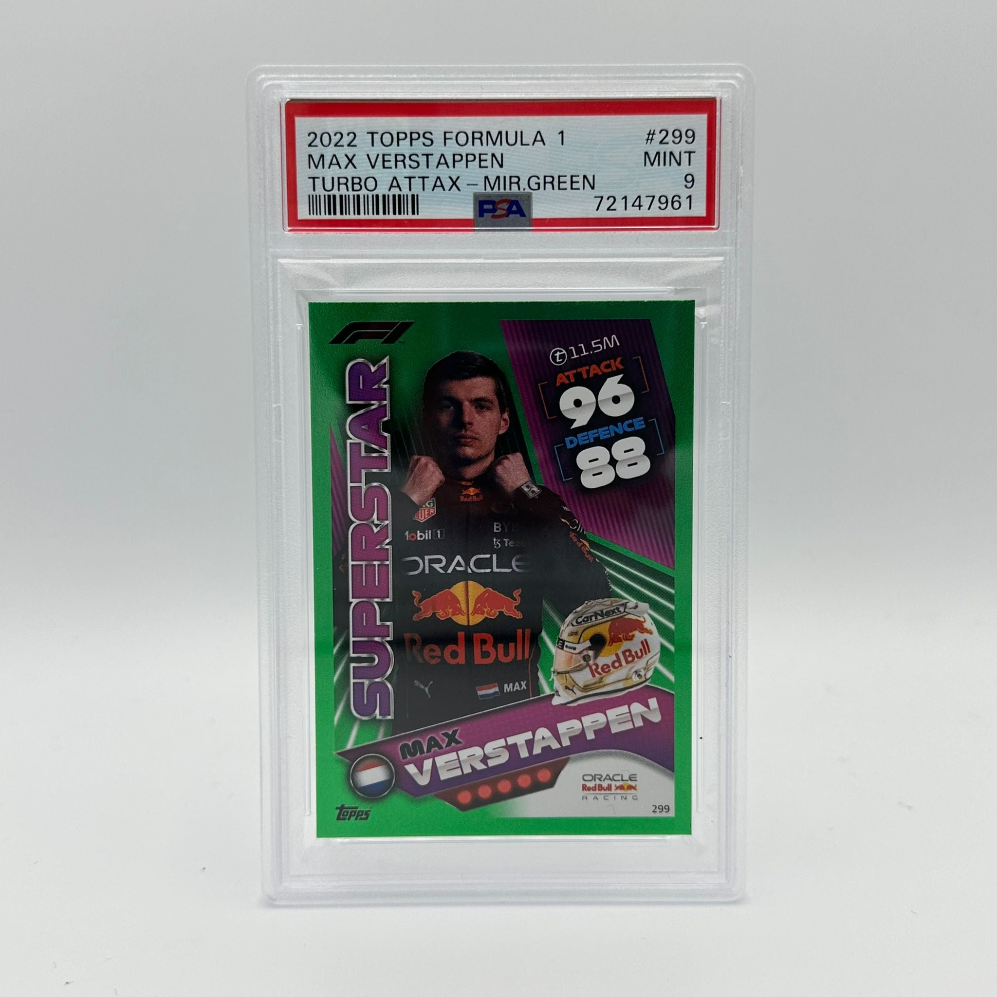PSA 9 Graded Max Verstappen #299 Superstar Mirror Green 423/500 - Rare Racing Collectible for Display & Investment