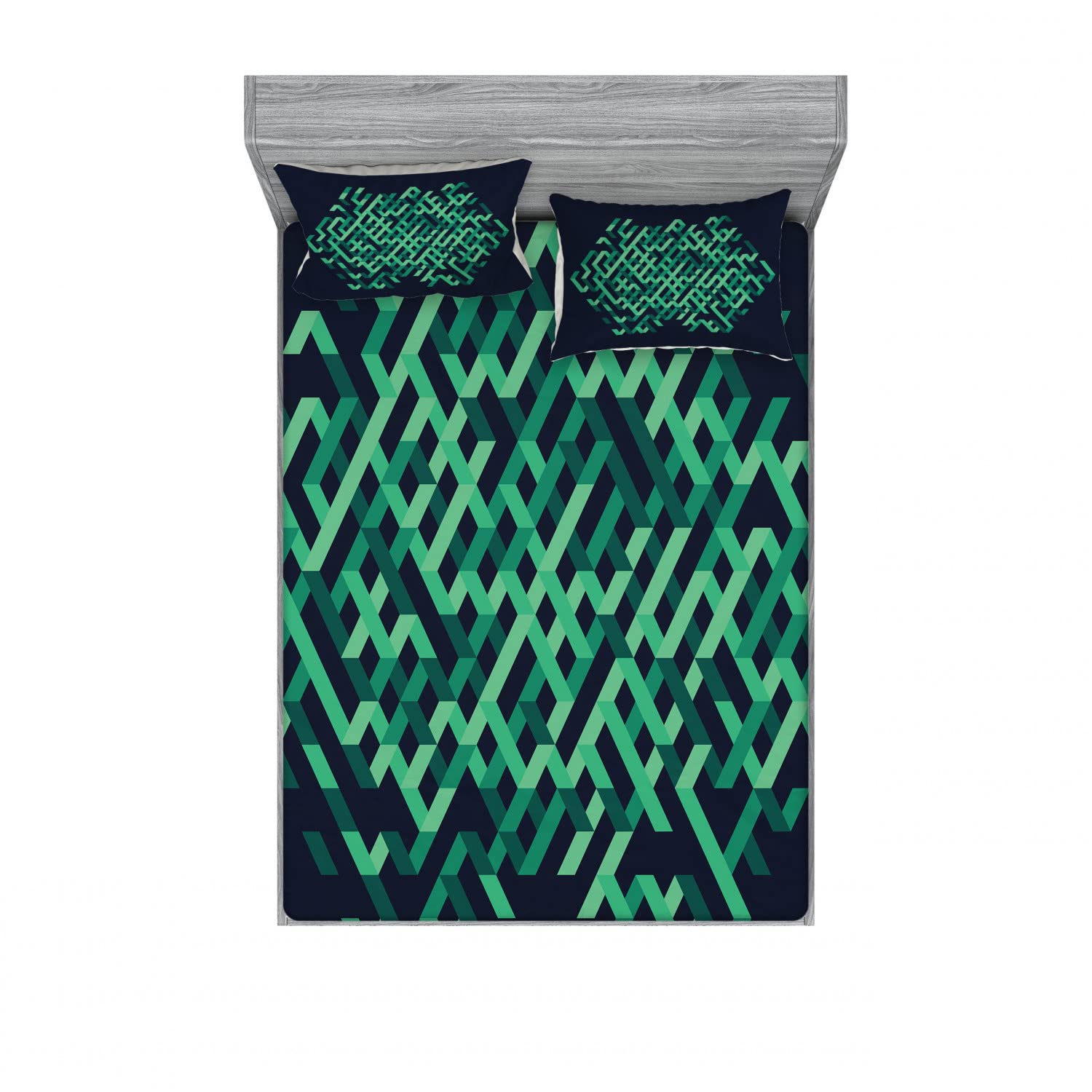 Ambesonne Geometric 2-Piece Queen Bedding Set - Ombre Maze Lines Design Fitted Sheet & Pillow Sham (4pc) - Green & Blue Modern Bedroom Decor for Guest Rooms, Dorms & Vacation Homes