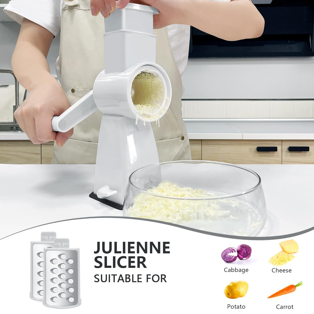 3-in-1 Manual Rotary Cheese Grater with Stainless Steel Blades & Non-Slip Suction Base - Perfect for Grating Cheese, Nuts, Vegetables & Chocolate - Ideal for Kitchen, Camping & Food Prep