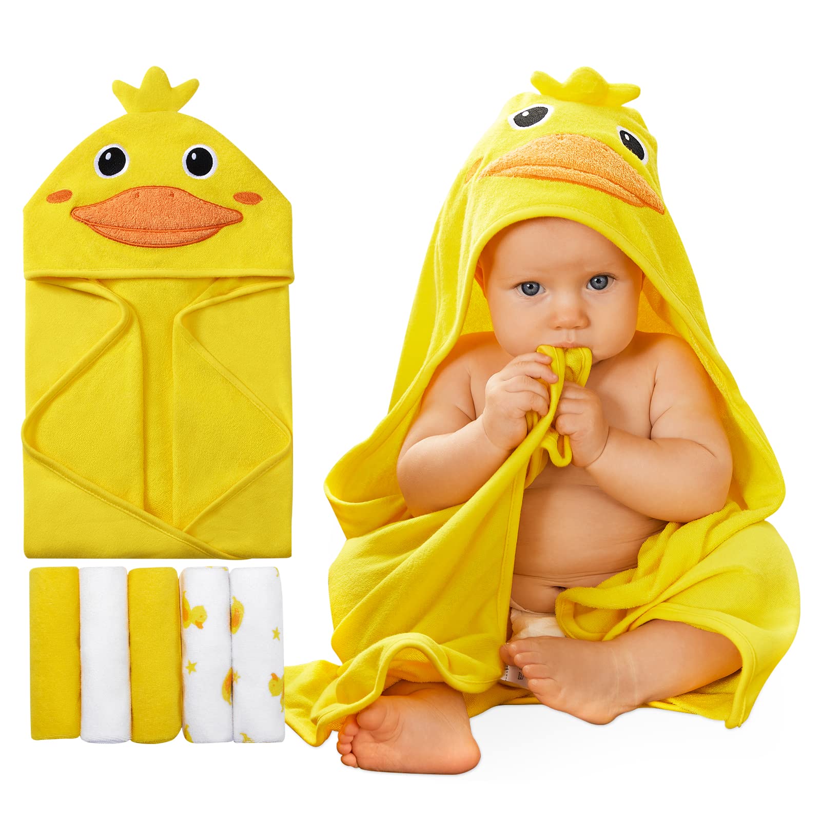 **SYNPOS Hooded Baby Bath Towel Set with 5 Washcloths - Ultra Absorbent Cotton for Boys & Girls, Toddlers & Infants - Yellow Duck Design - Perfect for Bath Time, Swimming & After-Splash Fun**
