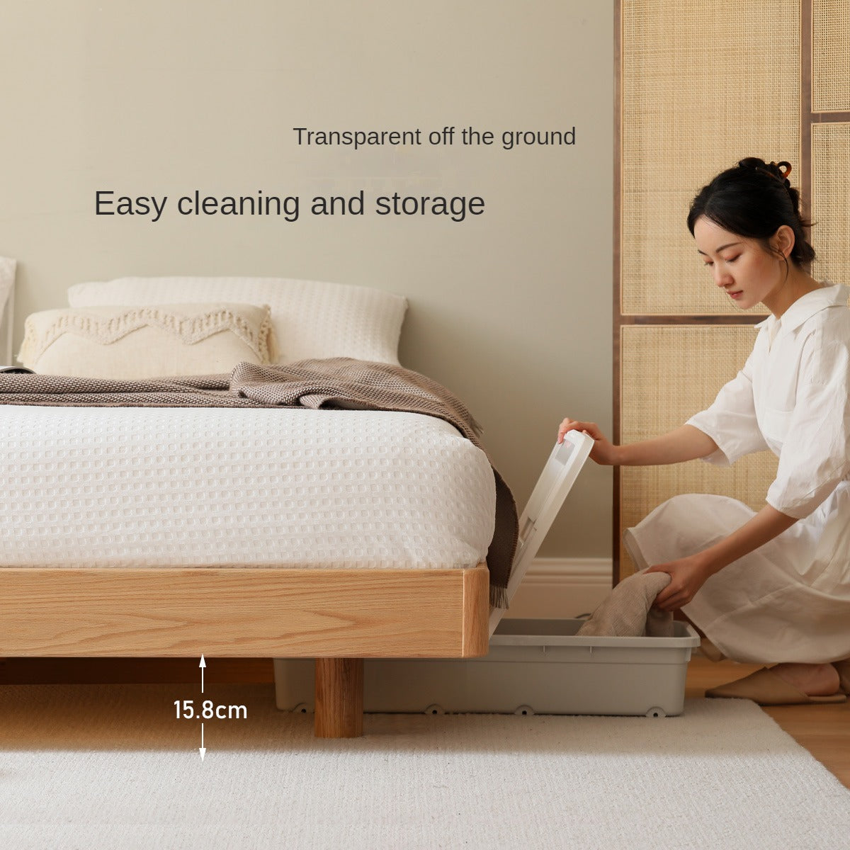 Solid Oak Wood Floating Platform Bed - No Headboard Modern Minimalist Bed Frame with LED Lights for Bedroom, Guest Room, or Studio Apartment