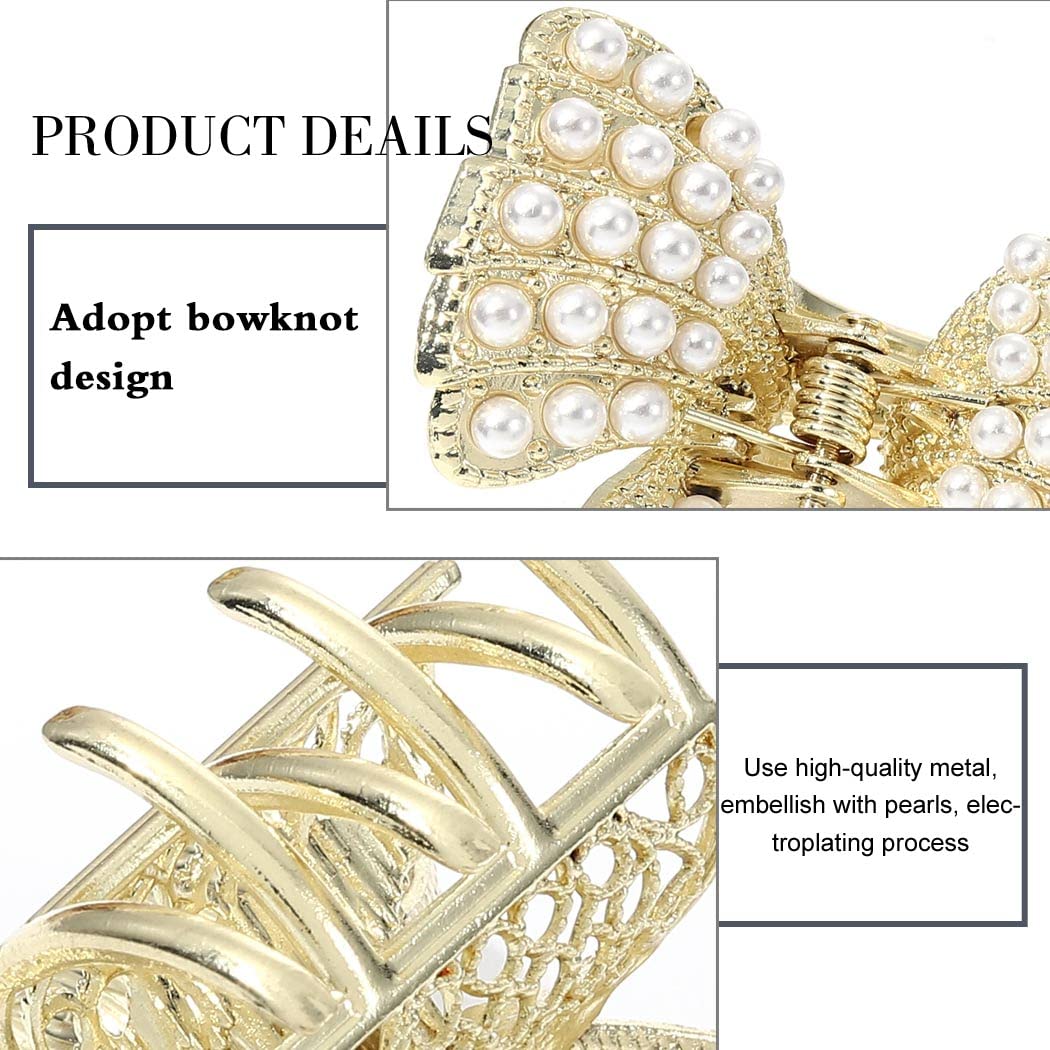 Brinie Pearl Hair Claw Clips - Gold Metal Hair Claw Clamps with Bowknot Design, Non-Slip Jaw Hair Accessories for Women & Girls (2 Pack) - Perfect for Parties, Weddings & Everyday Styling