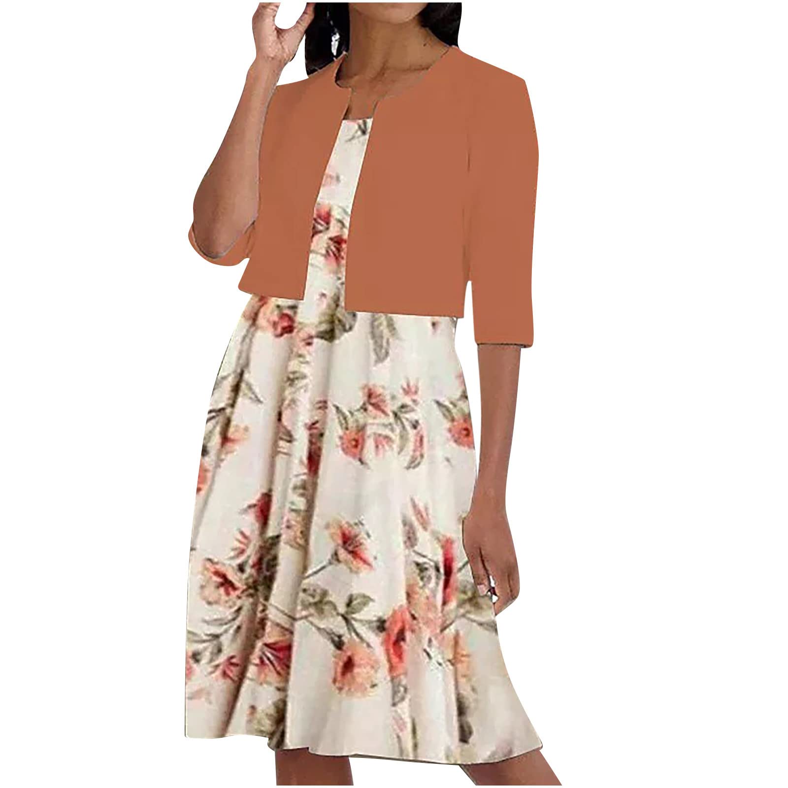 Women's Summer Two-Piece Outfit - Floral Print Round Neck A-Line Sling Dress with Half Sleeve Cardigan Set | Beach Vacation, Date Night & Casual Wear