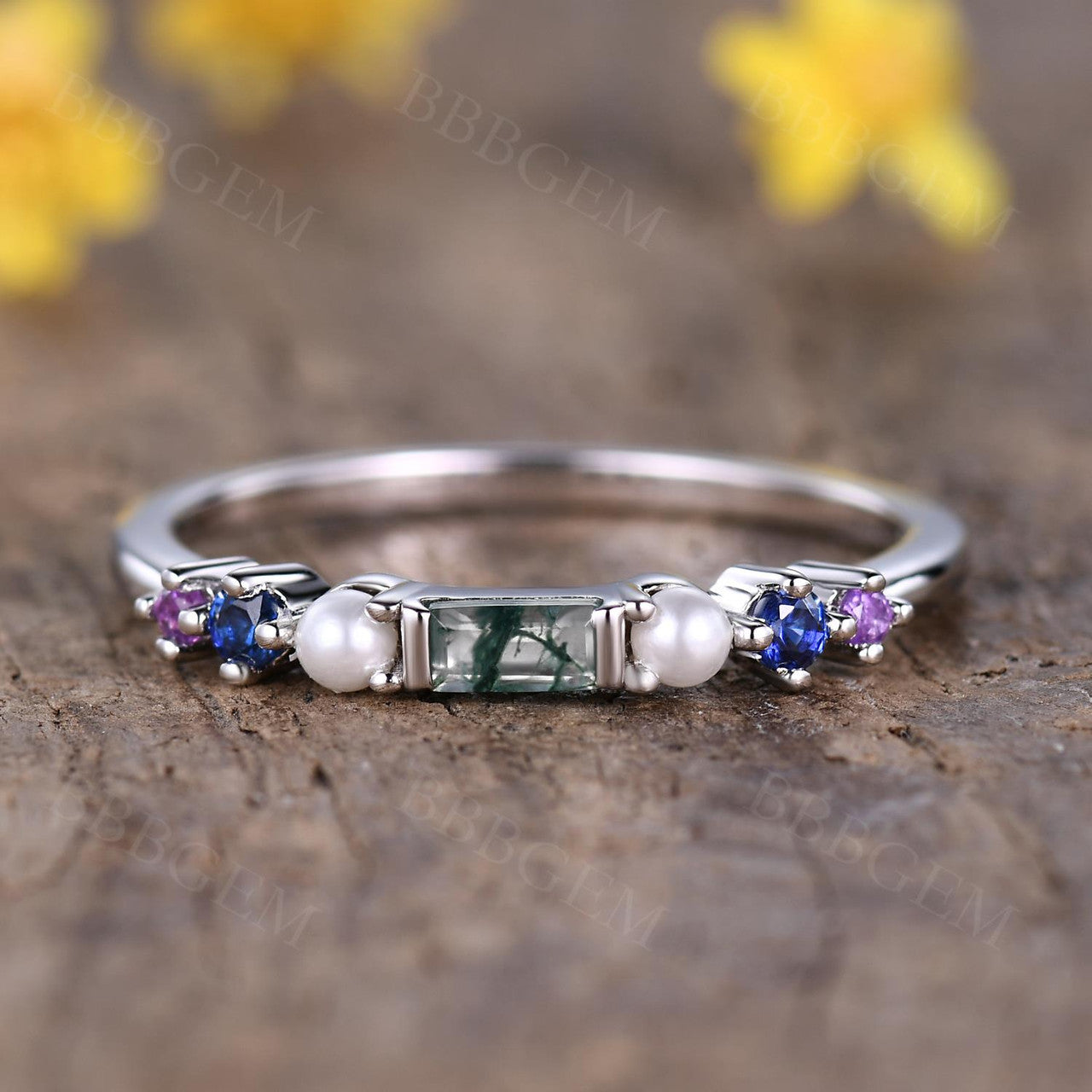 Rainbow Gemstone Family Ring - Green Moss Agate & Pearl Multi-Color Birthstone Band for Women | Perfect for Mother's Day, Anniversary Gifts & Special Occasions