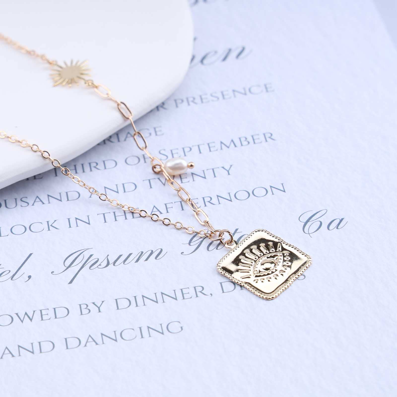 Bohemian Evil Eye Pendant Necklace - Gold Paper Clip Choker with Sun Pearl Accents | Square Metal Clavicle Chain Jewelry for Women | Perfect for Festivals, Beach Parties & Boho Fashion