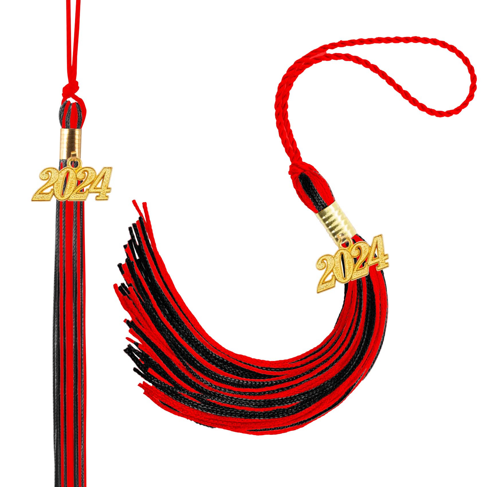 2024 Graduation Tassel with Gold Charm - 2 Pack Red & Black Cap Tassels for Graduation Ceremony, Class of 2024 Decorations - Perfect for High School & College Commencement Hats, Yearbook Photos & Graduation Party Decor