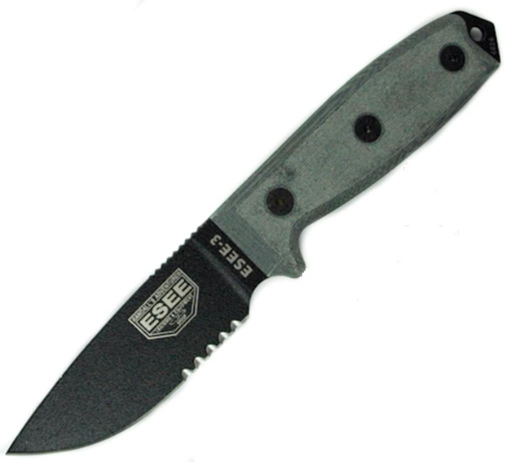 ESEE-3 Survival Knife with Serrated Edge, Black Coated Blade & Micarta Handle - Includes Brown MOLLE Sheath for Outdoor Camping, Hunting & Bushcraft