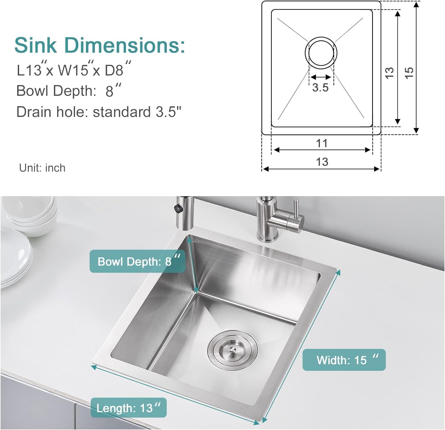 MESIDA 13 Inch Single Bowl Undermount Stainless Steel Kitchen Sink - SUS304 Grade, 13 x 15 x 8 Inches - Perfect for Small Kitchens, Apartments & RV Use