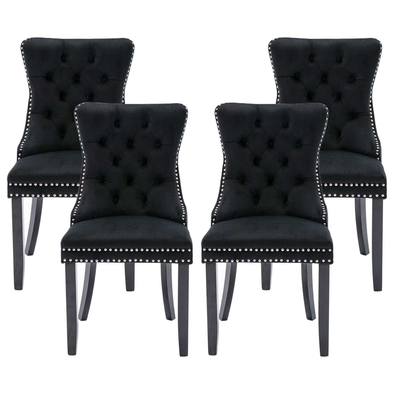 4 Pack Tufted Velvet Dining Chairs with Button Back & Nailhead Trim - Upholstered Kitchen, Bedroom & Restaurant Chairs (Black) - Perfect for Home Dining, Office Breakroom & Cafe Seating