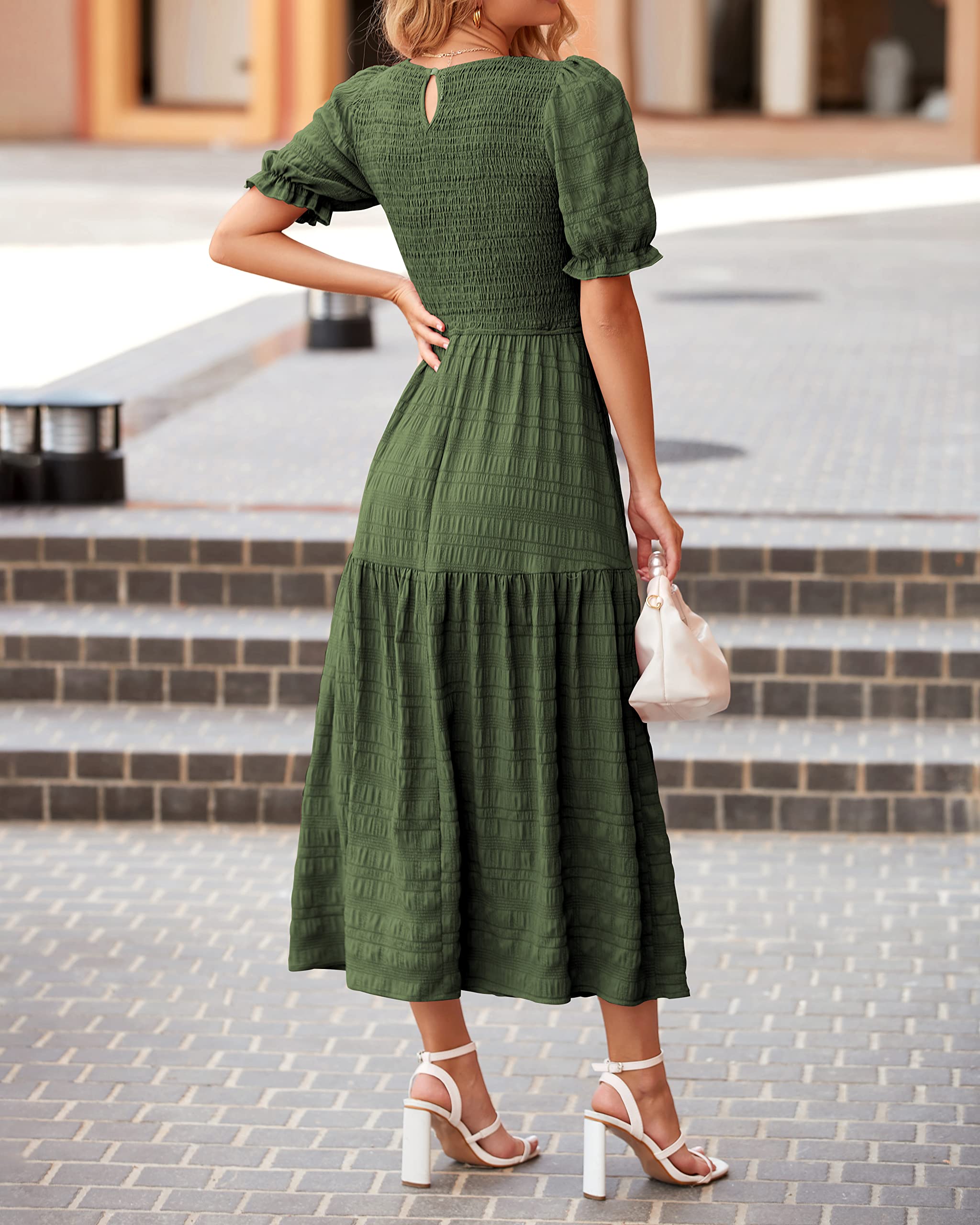 Dowerme Women's Summer Maxi Dress 2025 - Casual Short Sleeve Crewneck Smocked Boho Sundress with Puff Sleeves & Ruffle Hem | Perfect for Beach, Party, Vacation & Outdoor Events