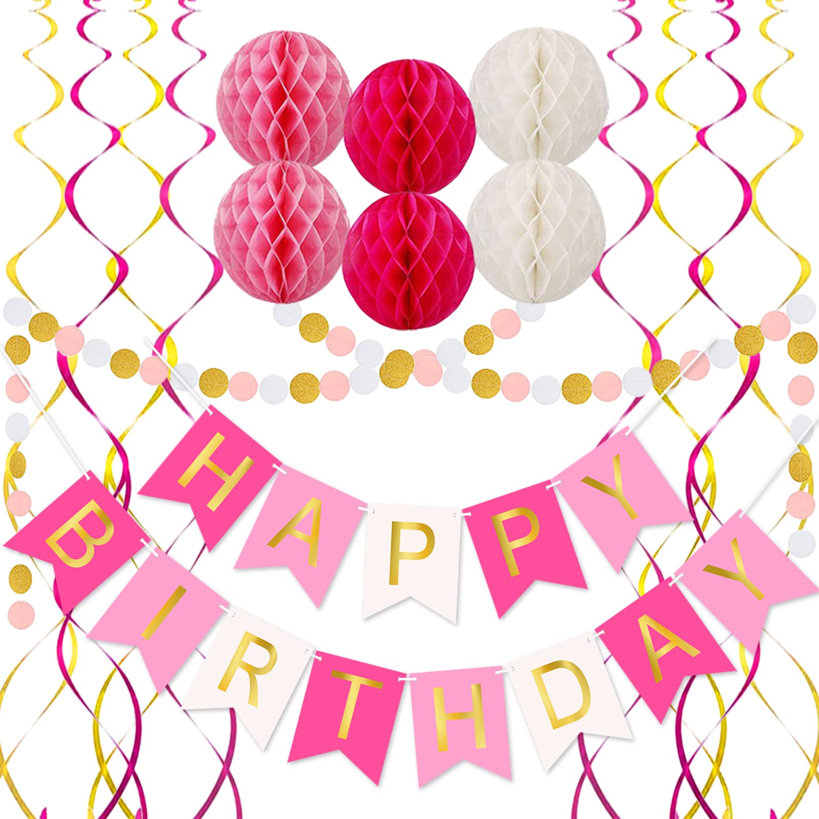 Pink Birthday Party Decorations Set - Happy Birthday Banner, Paper Honeycomb Balls, Circle Garland & Hanging Swirls - Perfect for Baby Showers, Bridal Showers & Birthday Celebrations