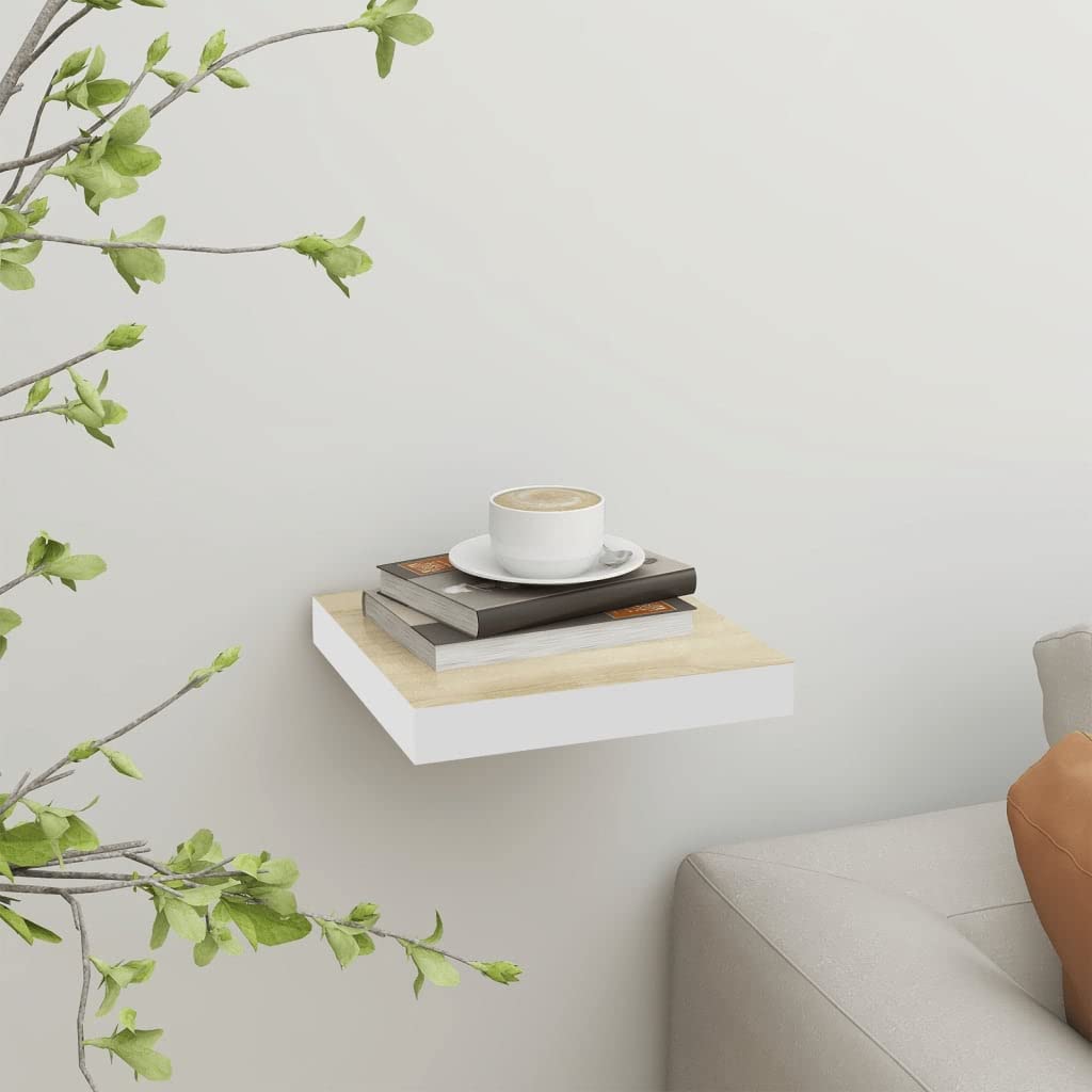 Floating Wall Shelf Set of 2 - Oak & White MDF Wall Mounted Shelves 9.1