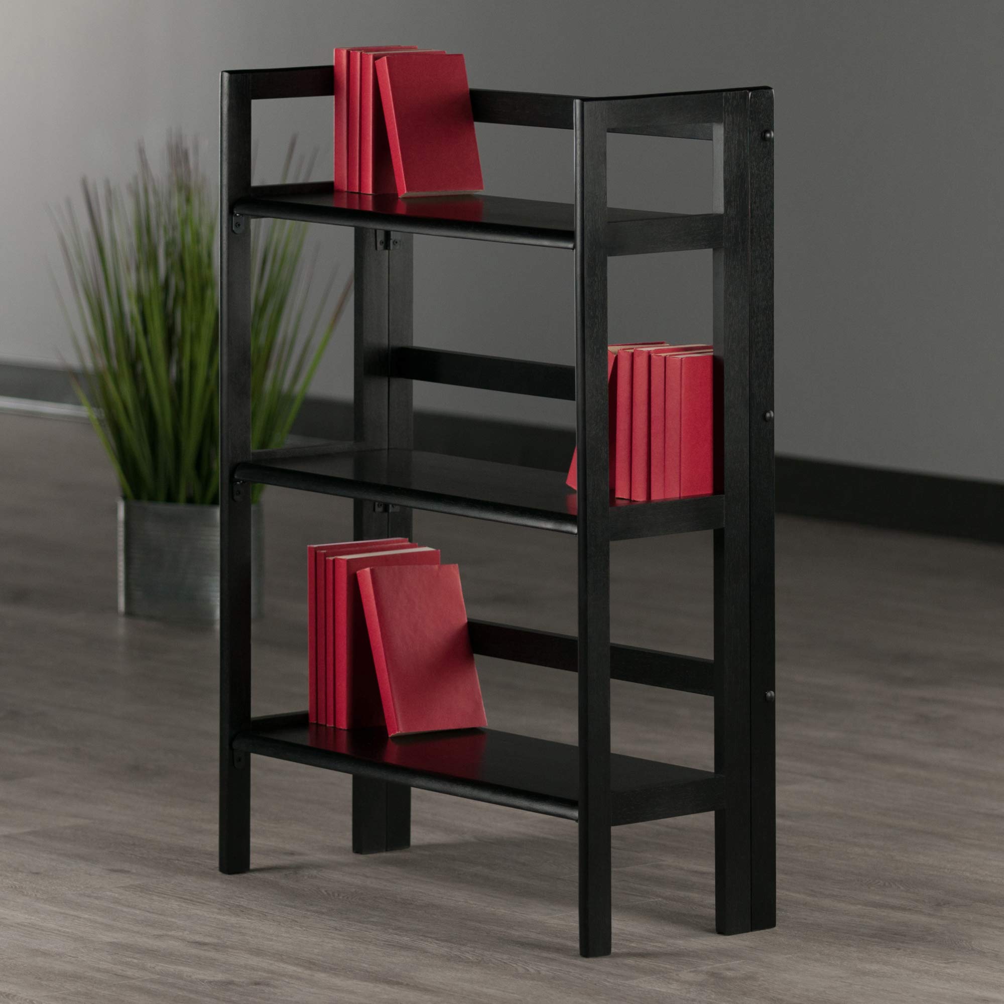 Winsome Wood Terry 3-Tier Black Wooden Shelf - Modern Storage Solution for Living Room, Bedroom, or Office Organization