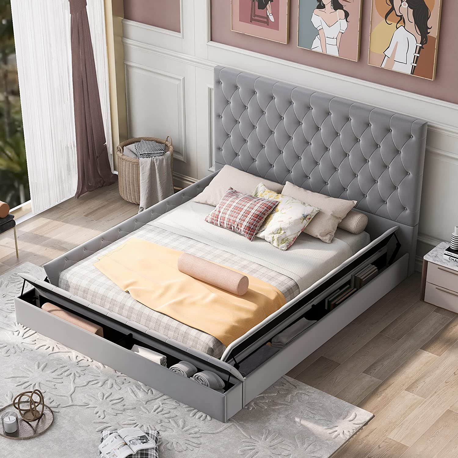 Full Size Upholstered Platform Bed with Storage Drawers & Footboard - Solid Wood Frame, Tufted Headboard, Slat Support - Easy Assembly, No Box Spring Needed (Grey) - Perfect for Small Bedrooms & Guest Rooms