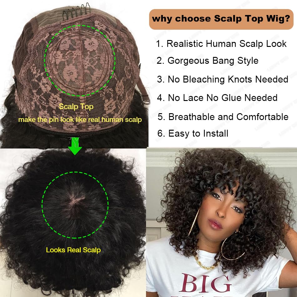 100% Brazilian Human Hair Wig with Bangs - 16 Inch Loose Curly Wig 180 Density for Black Women | O Scalp Top Full Machine Made | Natural Color | Perfect for Daily Wear, Parties & Special Occasions