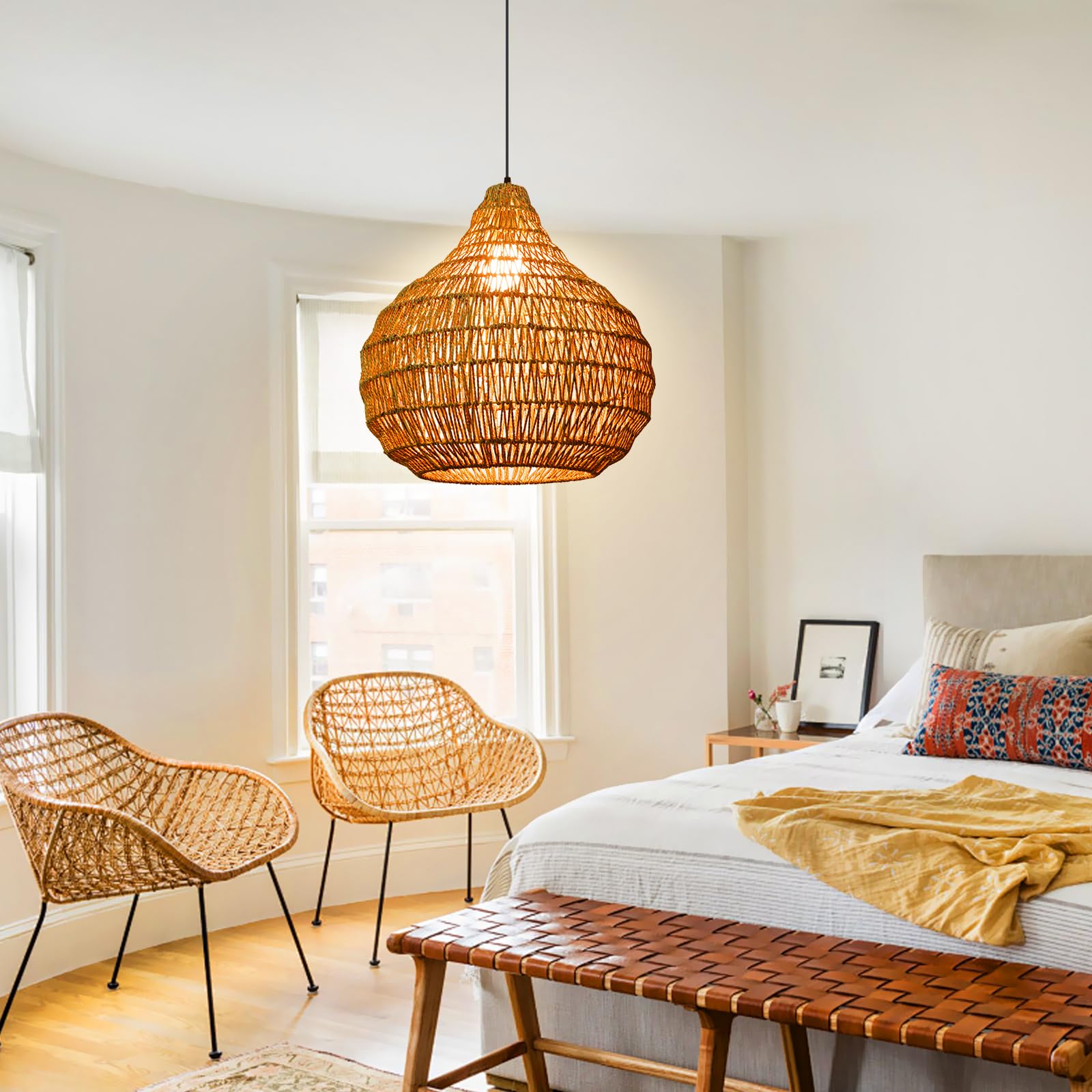 Arturesthome Rattan Pendant Lights - Natural Woven Wicker Chandelier Boho Basket Lighting Fixture for Kitchen Island, Dining Room & Bedroom | Farmhouse & Coastal Decor Hanging Lamp