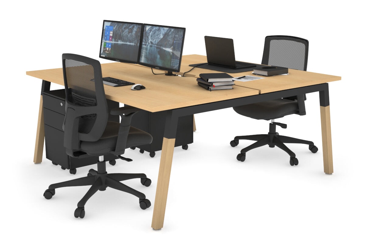 Quadro A Legs 2-Person Office Workstation with Wood Legs & Cross Beam - 1600L x 800W Dimensions, Cable Management Scallop | Perfect for Shared Workspaces & Collaborative Office Environments
