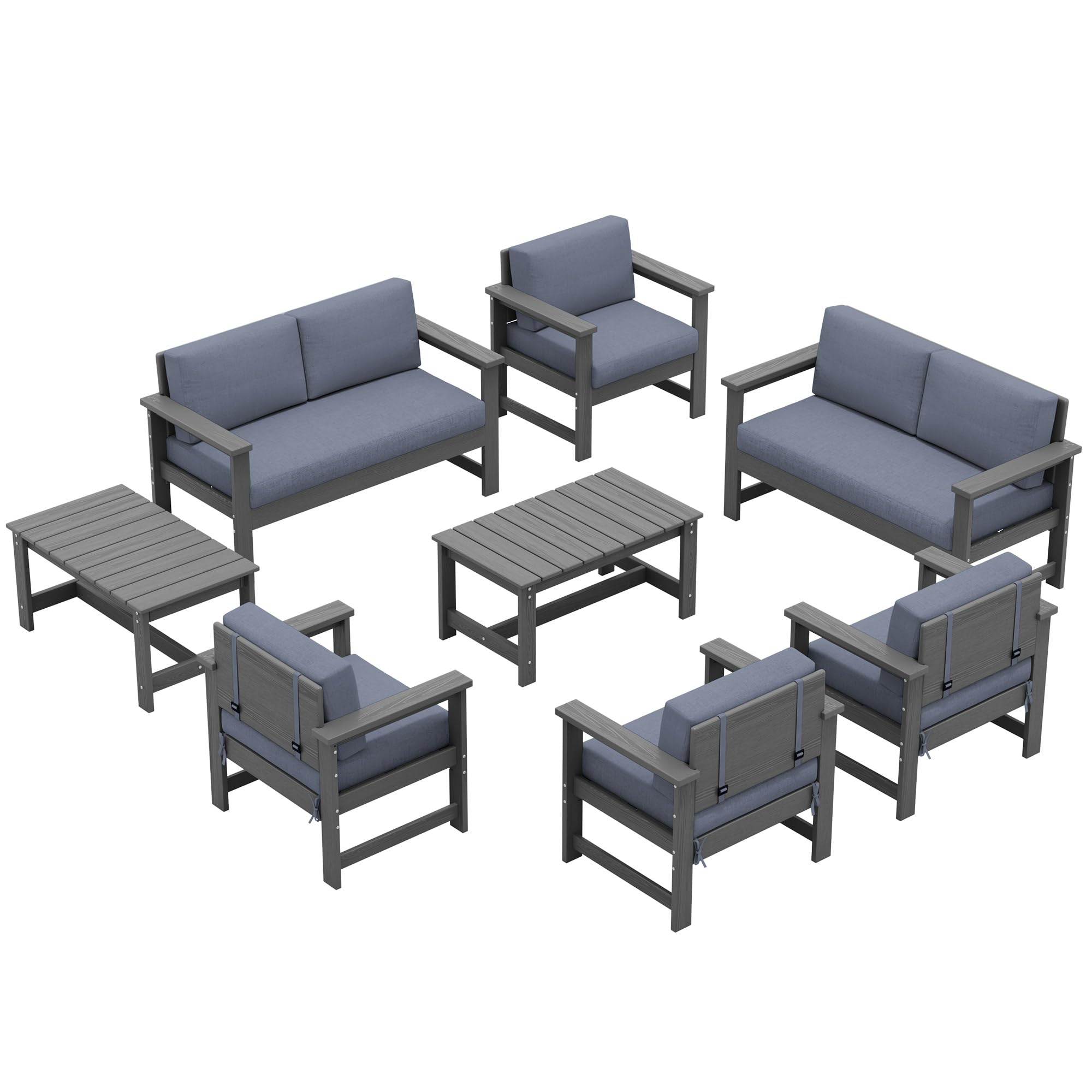 SERWALL 8-Piece HDPE Outdoor Patio Conversation Sofa Set with Weatherproof Cushions - All-Weather Loveseat & Coffee Table Furniture for Backyard, Garden, Poolside (Grey Frame & Grey Cushions) - Perfect for Entertaining, Relaxing & Outdoor Social Gatherings