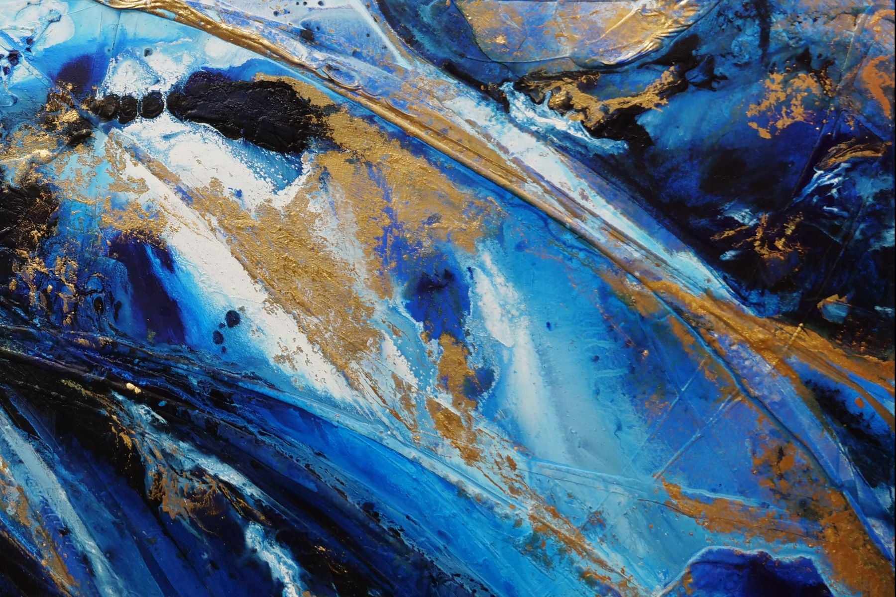 Golden Sapphire 200cm x 120cm Blue Gold White Textured Abstract Canvas Art - Modern Wall Decor for Living Room, Bedroom & Office