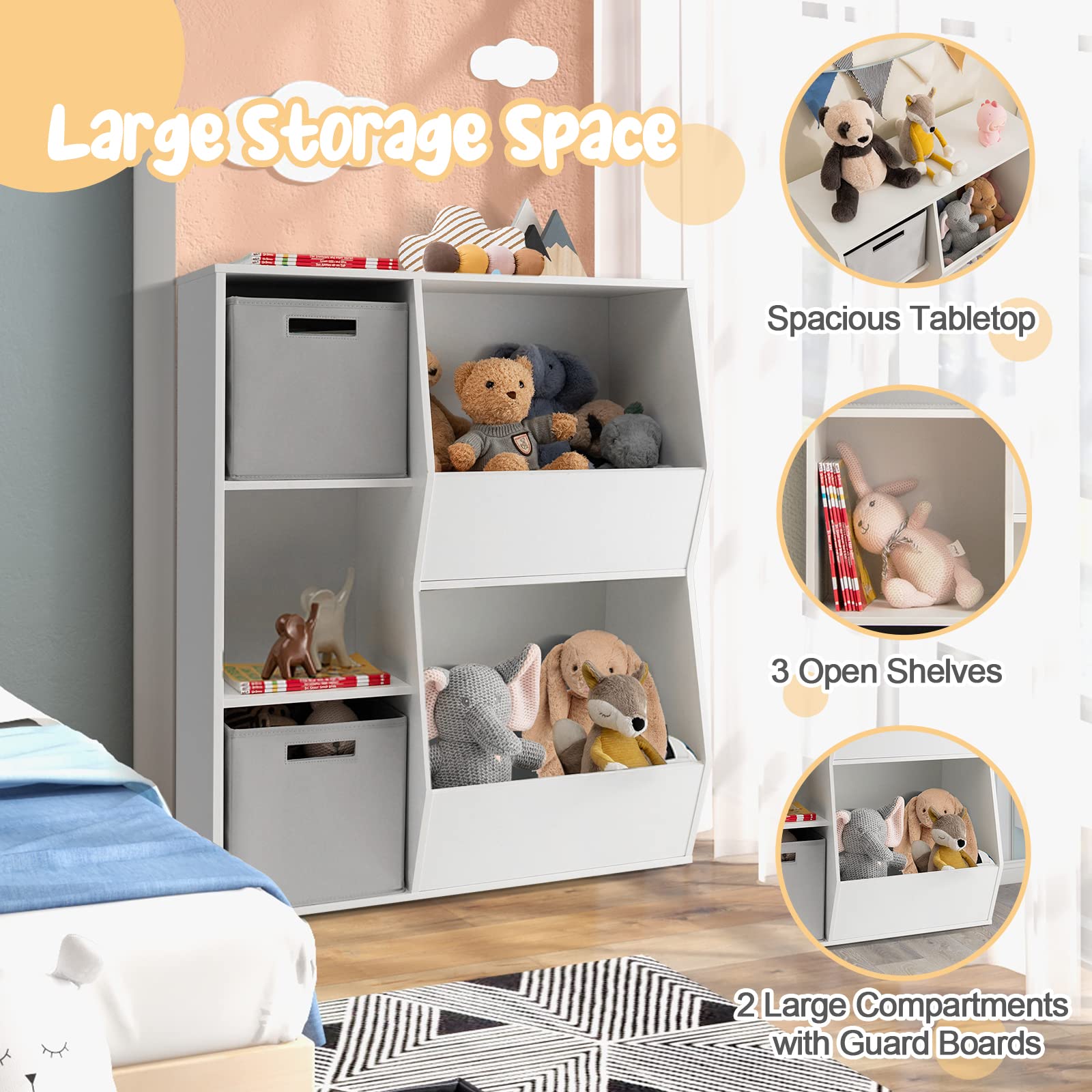Costzon 5-Cubby Wooden Toy Storage Organizer with Bookcase & Bins - Kids Bookshelf & Toy Cabinet for Toddlers - Playroom, Nursery, Daycare & Living Room Storage Solution (White & Gray) - Perfect for Organizing Toys, Books & Kids' Essentials
