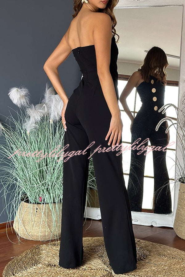 Solid Color Sexy Tube Top Gold Button Embellished Bootcut Jumpsuit for Women | Elegant One-Piece Romper with Metallic Accents | Perfect for Night Out, Party & Special Occasions