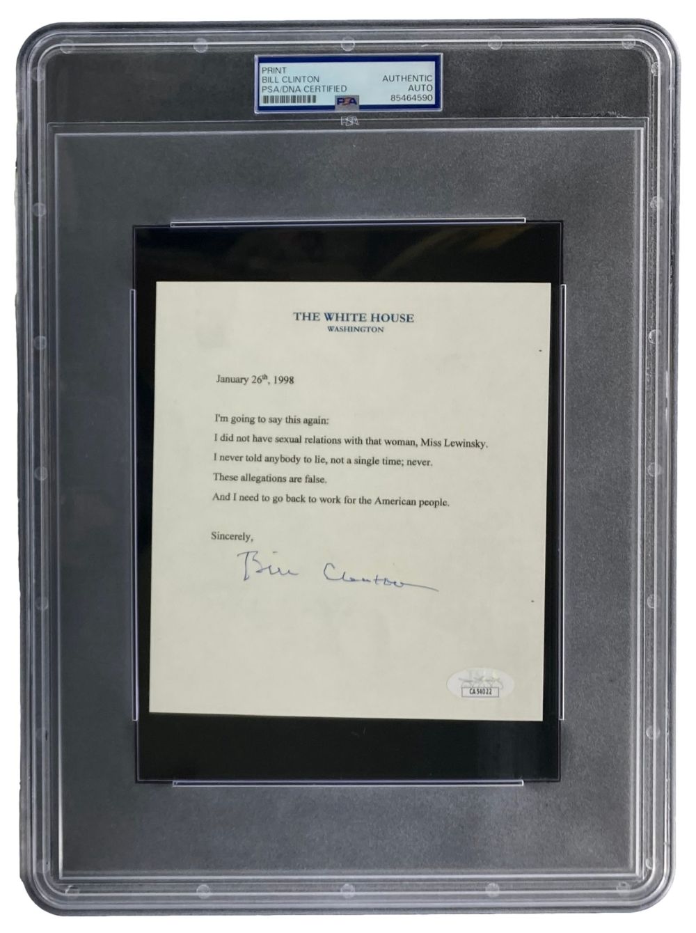Authentic Bill Clinton Signed 5x6 Mock White House Statement Letter Monica Lewinsky Scandal PSA/DNA Certified - Rare Political Memorabilia for Collectors & History Enthusiasts - Perfect for Display in Home Office, Man Cave, or Presidential Collections