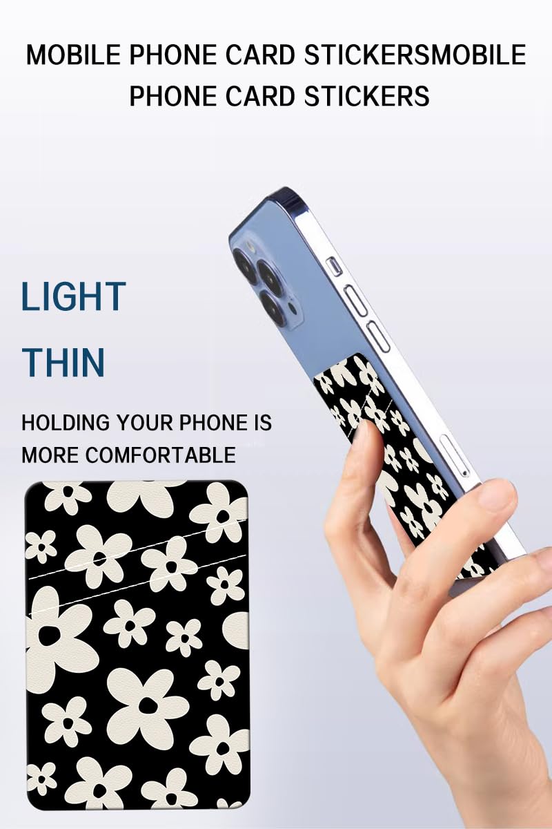 Leather Phone Card Holder with Adhesive - Dual Pocket Wallet for Credit Cards & Cash, Cute Black White Floral Design, Compatible with Most Smartphones - Perfect for Travel, Shopping & Daily Use